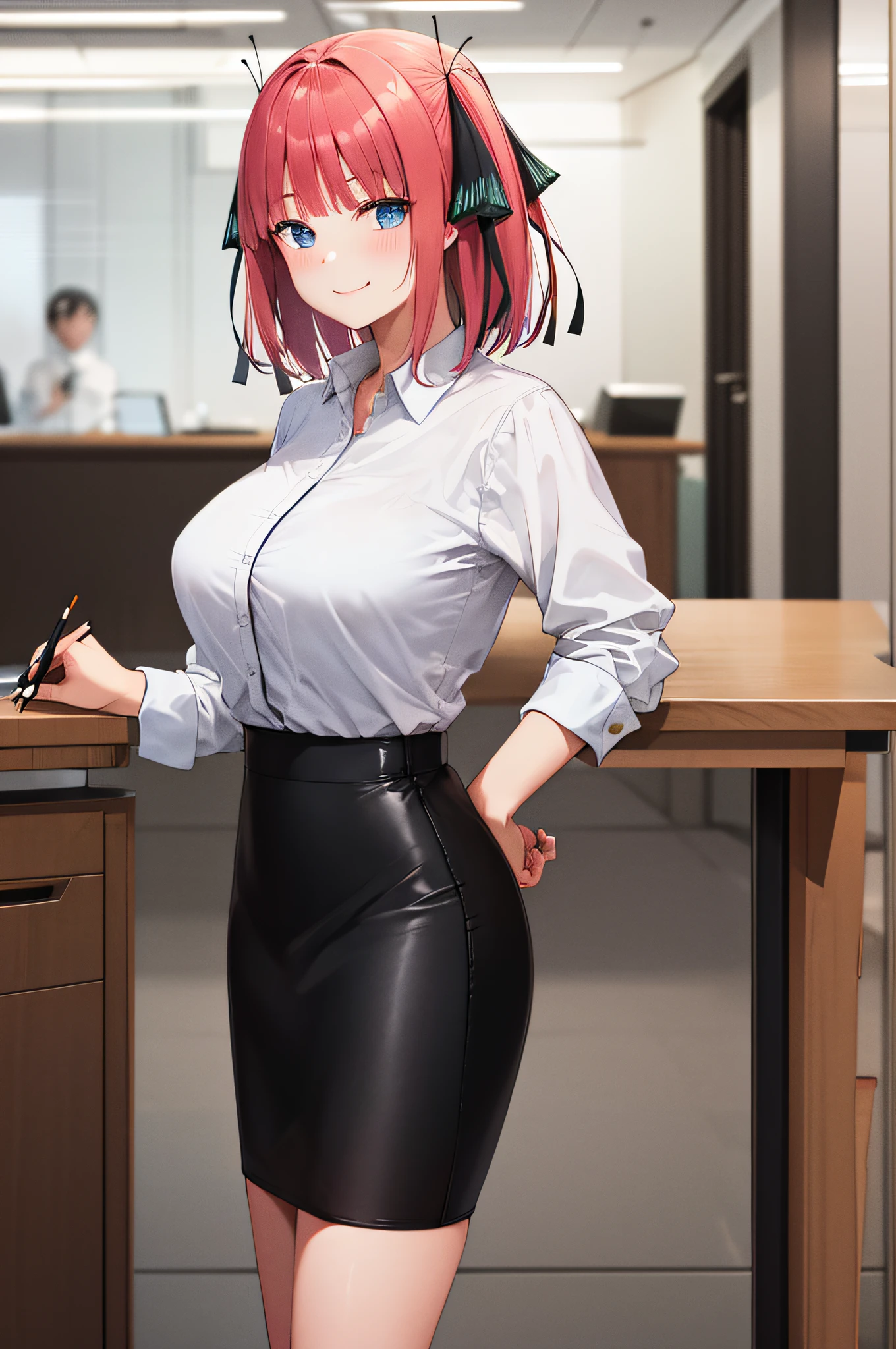 巨作, beste Quality, Hi-Res, nn1, 1girls, Hair ribbon, short-hair,cow-boy shot, shiny oily skin with high contrast,, huge long breasts, Naughty big、Big breasts emphasis、H-cup、独奏、(Office Lady:1.3)、miniskirts、((Black pencil skirt:1.5))、s Office、looking at the viewers,smile on face、whiteshirt,(standing a:1.7)