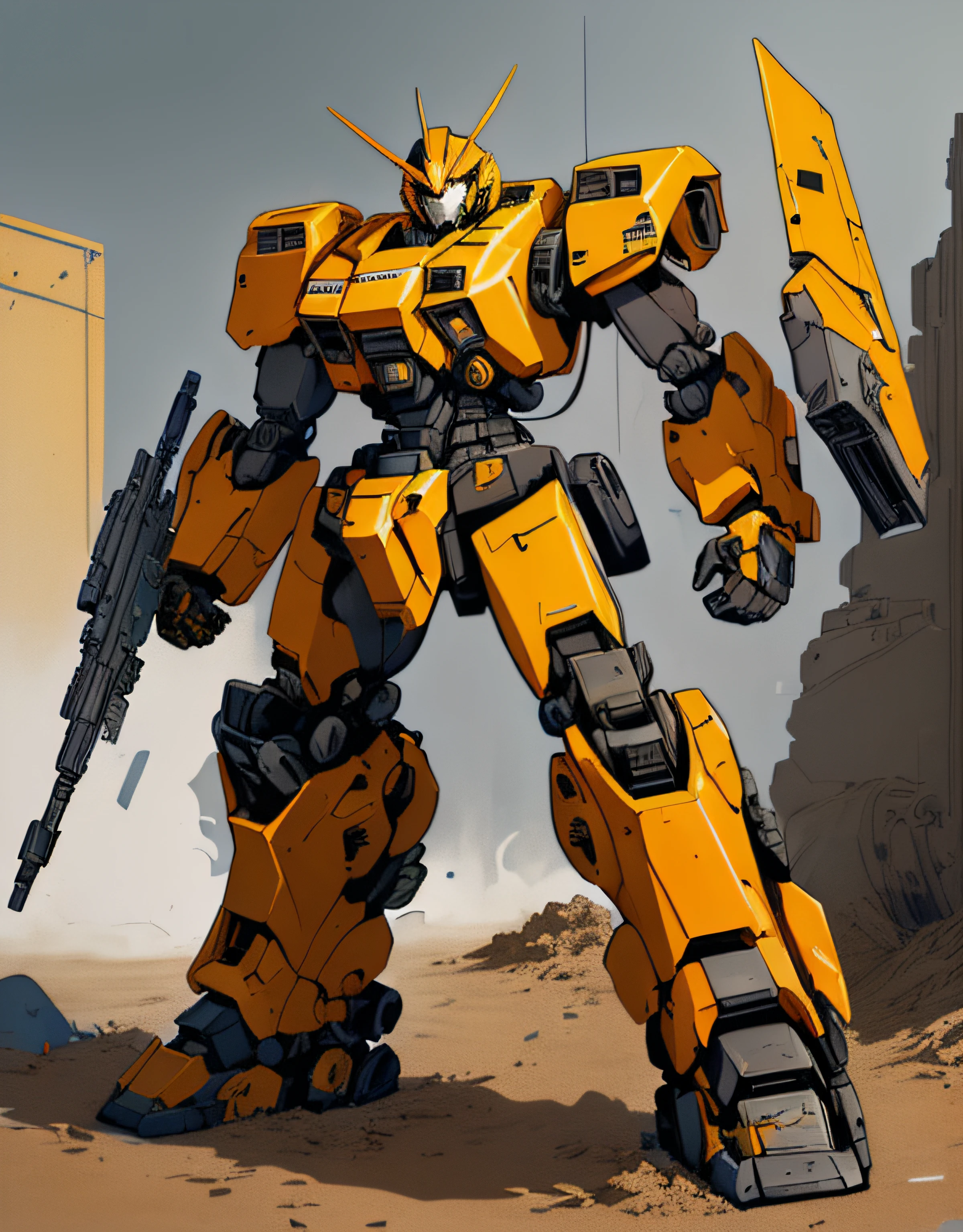 there is a robot that is standing in the dirt, Yellow mech, comic book style battlemech, greek god in mecha style, Mecha Inspiration, Full body mecha, Mech suit, painterly humanoid mecha, cool mecha style, tremendous mecha robot, Mecha suit, Mecha warrior, battletech style, mecha human, Mecha warrior，Jeep deformation，jeep，Jeep Transformers