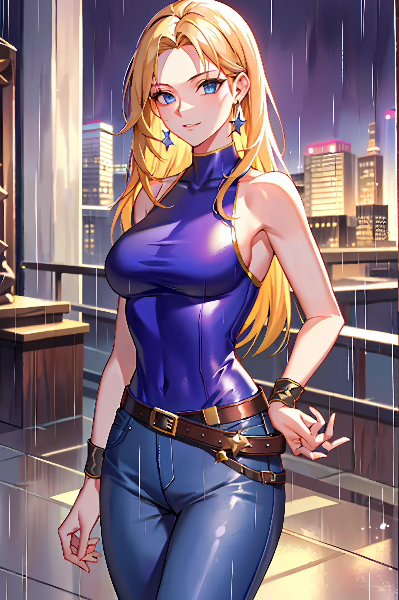 maryms, Best Quality,(beauty), 1girl,phisically-based render ,ultra highres,(cowboy shot:1.5),narrow waist, skinny, LeonaMS ,muscular, big blue eyes,long legs,jeans,leather belt,small breasts,puffy eyes, leather belt,(rainy city), shiny skin, facing viewer, Victory posture,