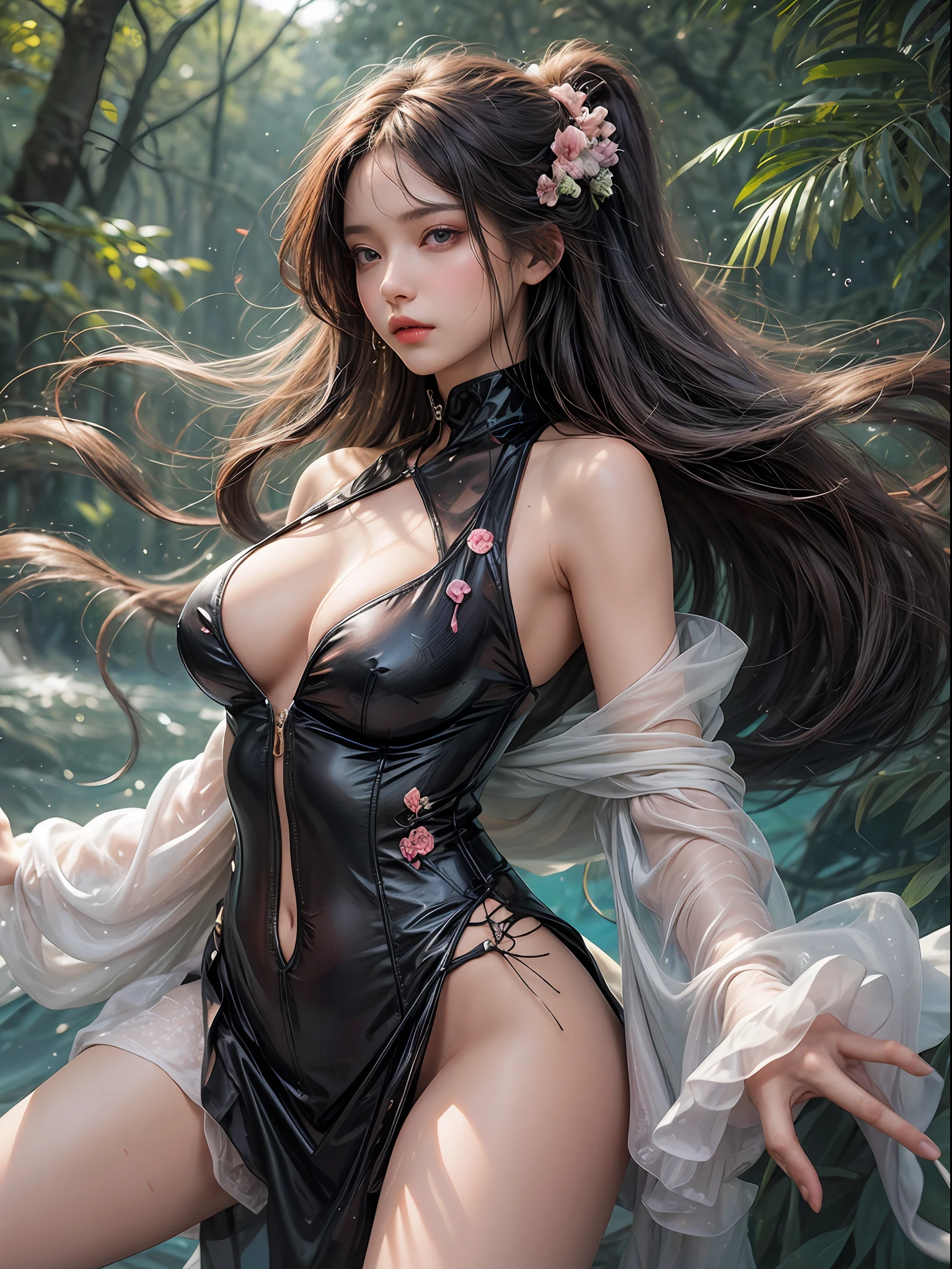 Holding a large see-through stole with pale pink floral pattern with both hands、Swaying in the wind。dark color、Glossless、Halter Neck Bodysuit、Rubber Suit Corset、Navel Ejection、Upper eye、light-colored skin and loose navel skin,,。Skirt flutters in the wind and spreads。Dynamic Posing。Dancing Poses。
Loose clothing shows shoulders。Very beautiful girl at 19 years old。
Hair swaying in the wind。 masutepiece、Best Photoreal、portlate、Sheer clothing、wetted skin、Wet hair、Sexy look、Functional、Bewitching、Clothes with an open back、Oblique composition、Waterfall in the forest、Big hair ornament、Medium chest、Navel Ejection、