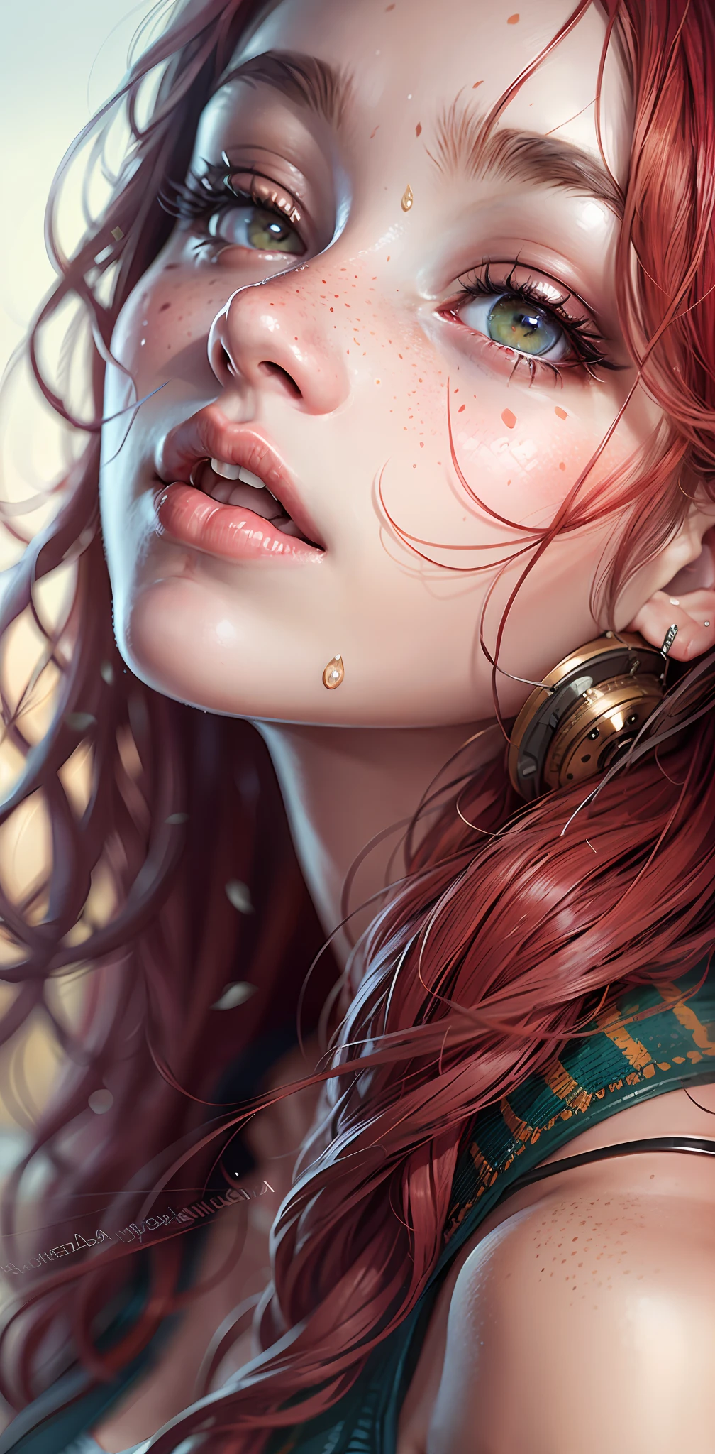 Head up, Close mouth, round lips, lips in kissing position , close eyes, face focus, wet skin, redhead, red hair, freckles, long straight hair, European youth, perfect body, (detailed face:1.2), fashion photorealism, photography, sharpness, unique 850 4, koda850 k portrait camera, f1.6 lens, rich color, hyperrealistic texture, spectacular light texture, surreal art, Cinestil 800 fashion mechanism,