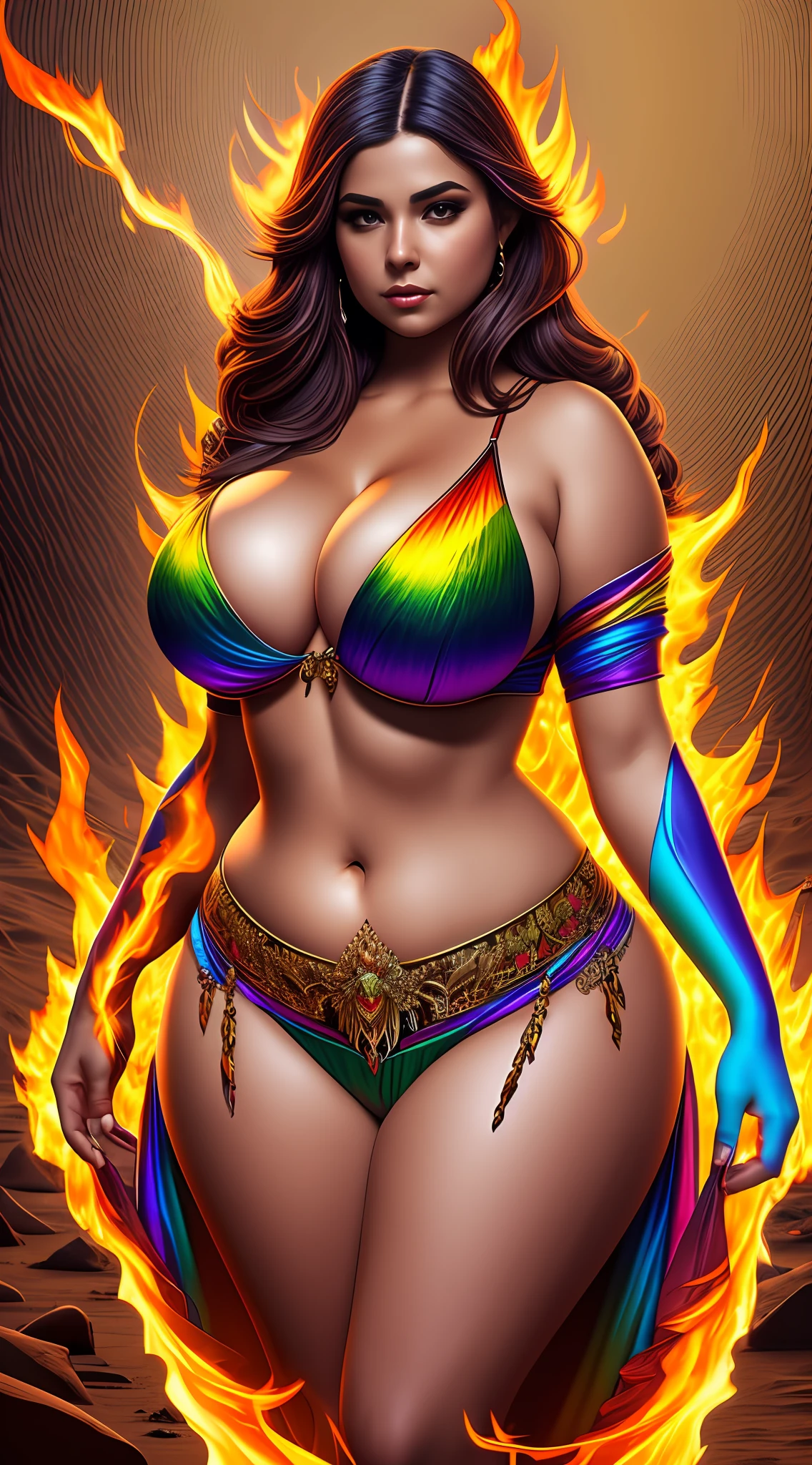 create Eden Mor in Full body photography of the most beautiful artwork in the world, a beautiful voluptuous thick curvy busty woman in intricate costume burning in the desert, rainbow colors, ArtStation, CGSociety, complex, high detail, clear focus, dramatic, realistic pictorial art trends Greg Rutkovsky --auto --s2