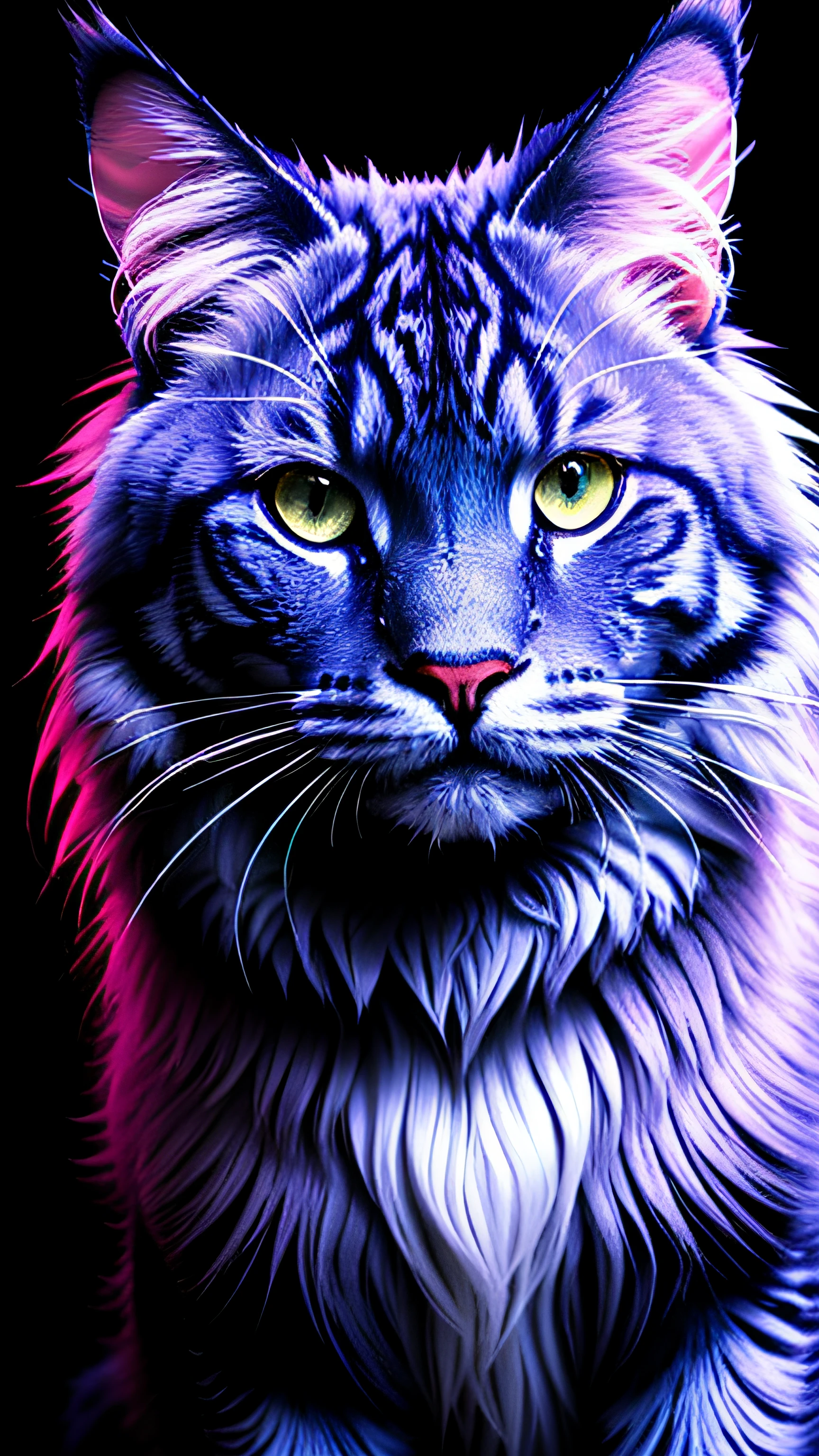 mainecoon bioluminescente, obra-prima, melhor qualidade, neon lighting, menacing stare, abstract setting, muitos detalhes, melhor qualidade, intimidador, cores saturadas