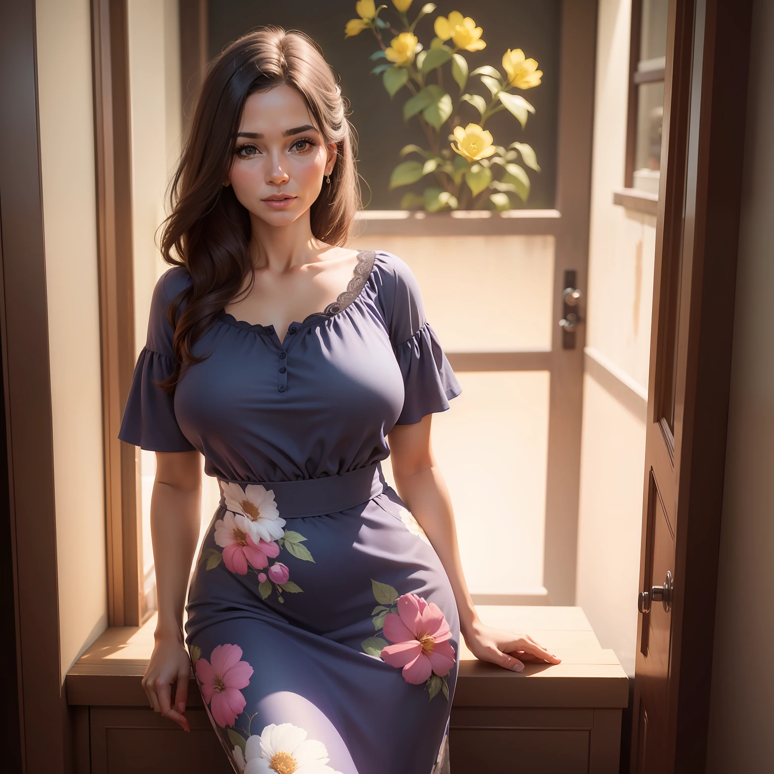 Imagine a photo of a woman in high resolution, realista, qualidade 4k, 37 anos, loira, bonita, de vestido estampado com flores, deitada e vendo o celular, profesional lighting, de alta qualidade