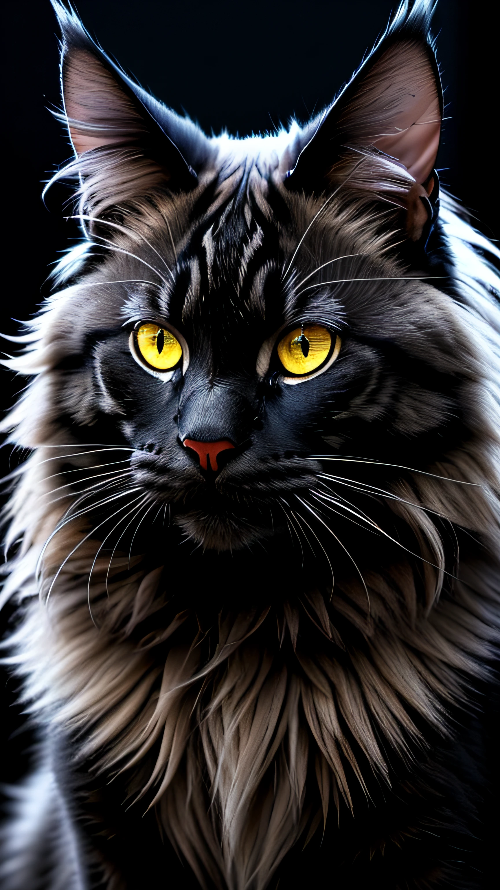 mainecoon preto com olhar furioso, sombrio, aterrorizante, terror, imponente, obra-prima, melhor qualidade, neon lighting, menacing stare, abstract setting, muitos detalhes, melhor qualidade, intimidador, cores saturadas