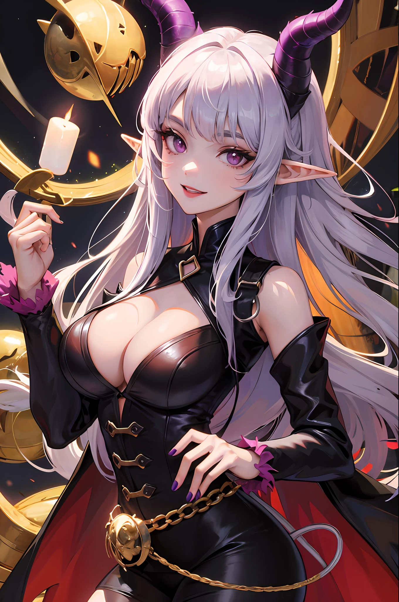 A female demon with elf ears, um rosto maduro com um sorriso perverso, e corpo volumoso com seios enormes e busto, Silver hair with purple locks and demonic purple eyes, roupa preta, unhas grandes longas e pontiagudas, caverna com plantas e velas de rituais.