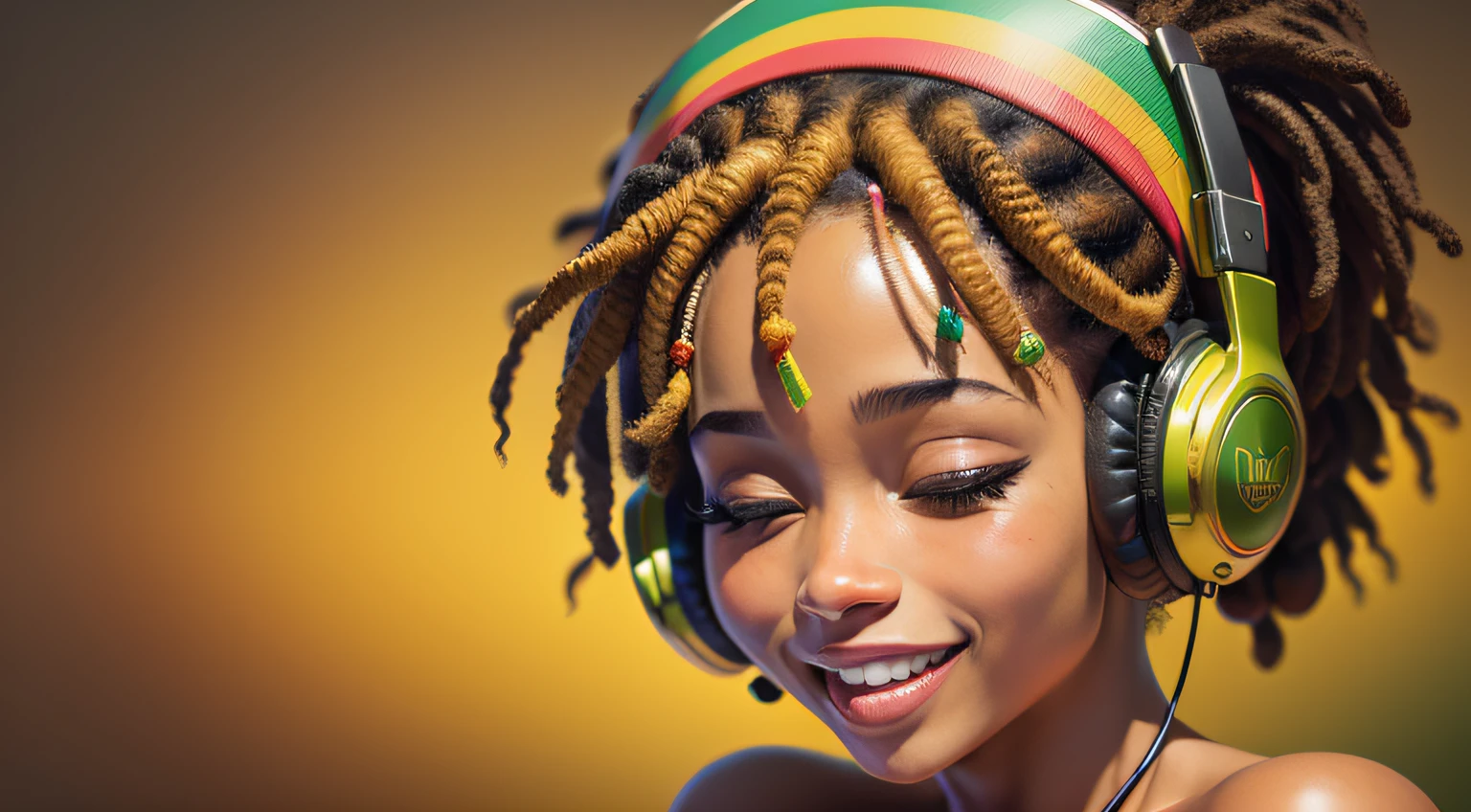 ((unique reggae style background)), (garota jamaicana sorrindo ouvindo som no headphone), (Reggae), (abstrato), (luzes), (cores amarelo vermelho verde branco preto), (ultra realista)