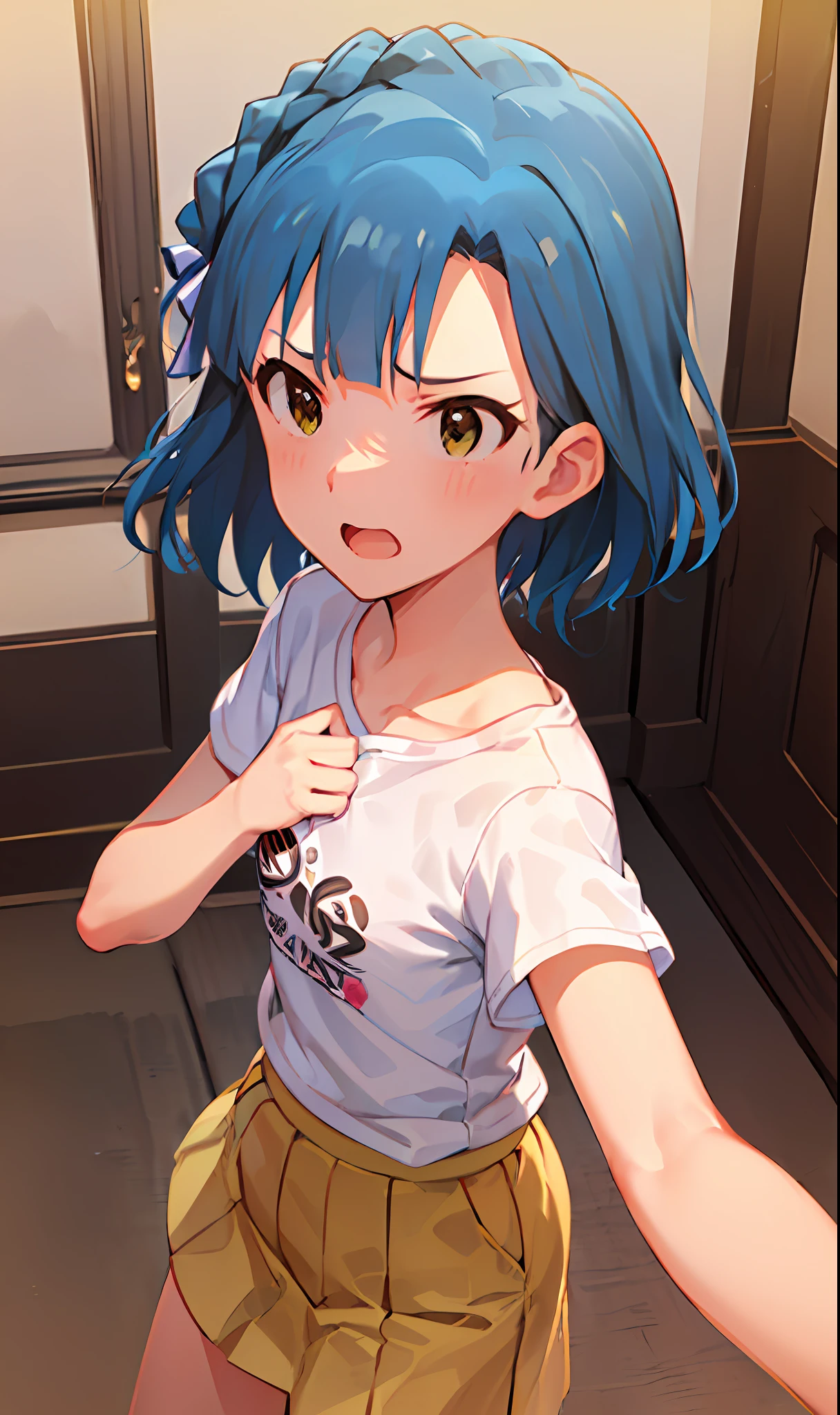 yuriko nanao (million live). Short stature. (((white t-shirts))).(((Skirt))).(((masterpiece))).(((best quality))).((Ultra-detailed))).(((illustratio))). (((fighting stance))).(((a room))).(((make a fist))).(((up chest))).Despair face.(((short-hair))).((Medium chest)).((Opening Mouth)).