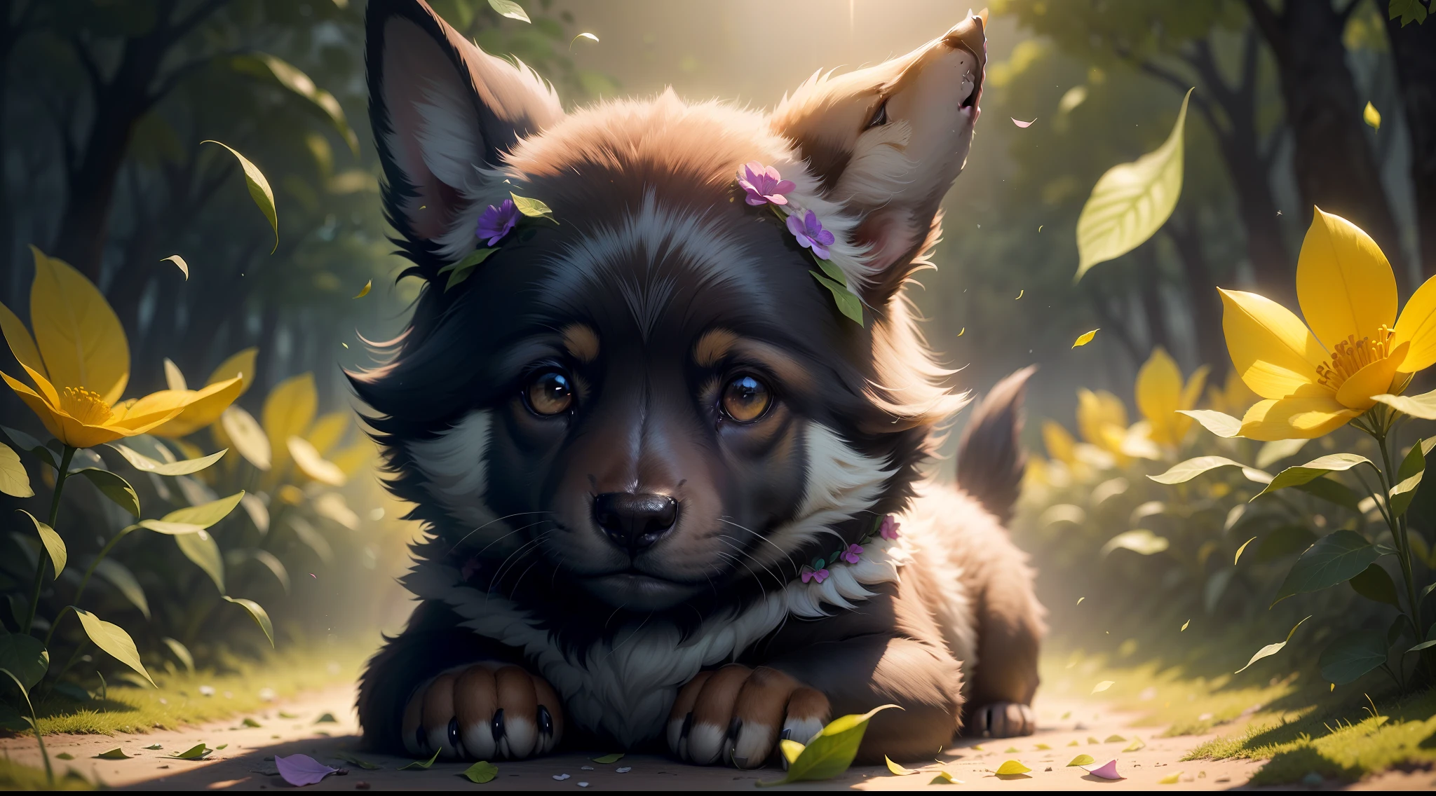 German Shepherd dog, fundo complexo, beautiful lighting, sombra profunda, melhor qualidade, obra-prima, Ultra Highres, fotorrealista, muitos pequenos detalhes, cores suaves, volumeric lighting, Scifi, contraste: 0.5, sozinho: 1.4, majo, bicho, floresta, grama, salgueiros, flower petals, Ultra fofo, Cutemaomao