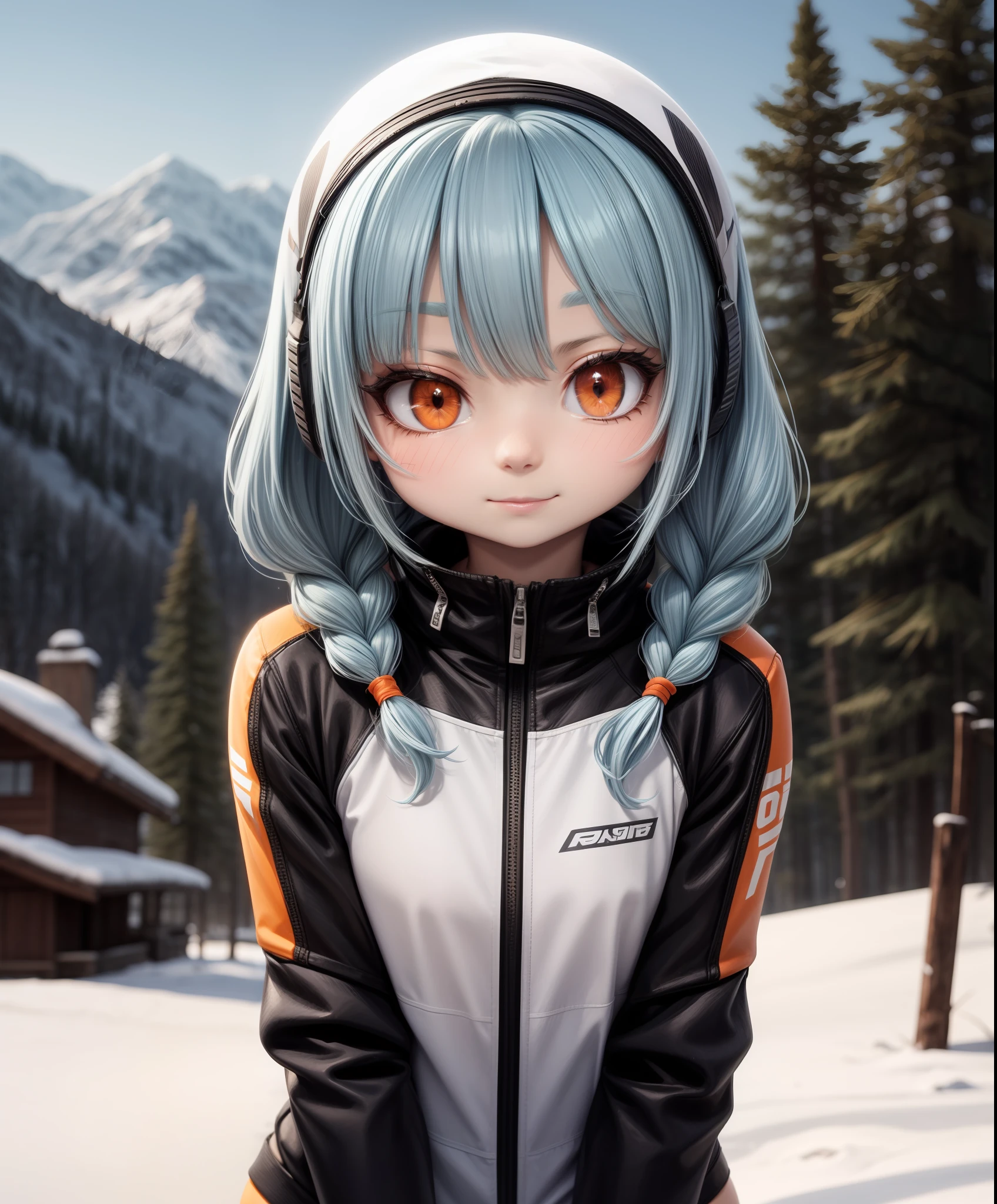 1girl, cute , naughty face,  Ski Suit, orange eyes, light blue hair, twin braids, flattop, //