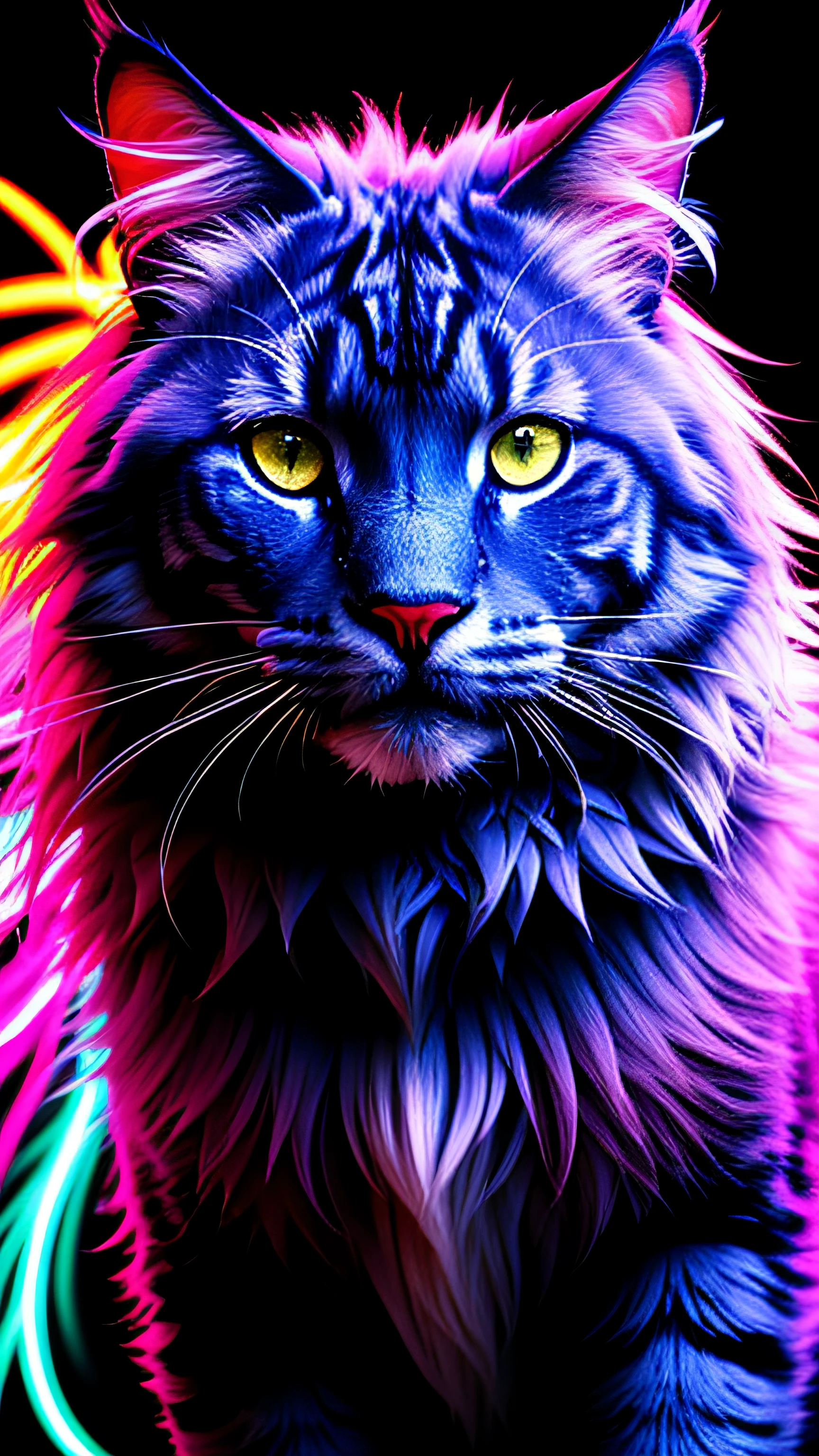 mainecoon bioluminescente, obra-prima, melhor qualidade, neon lighting, menacing stare, abstract setting, Muitos detalhes, melhor qualidade, cores vivas