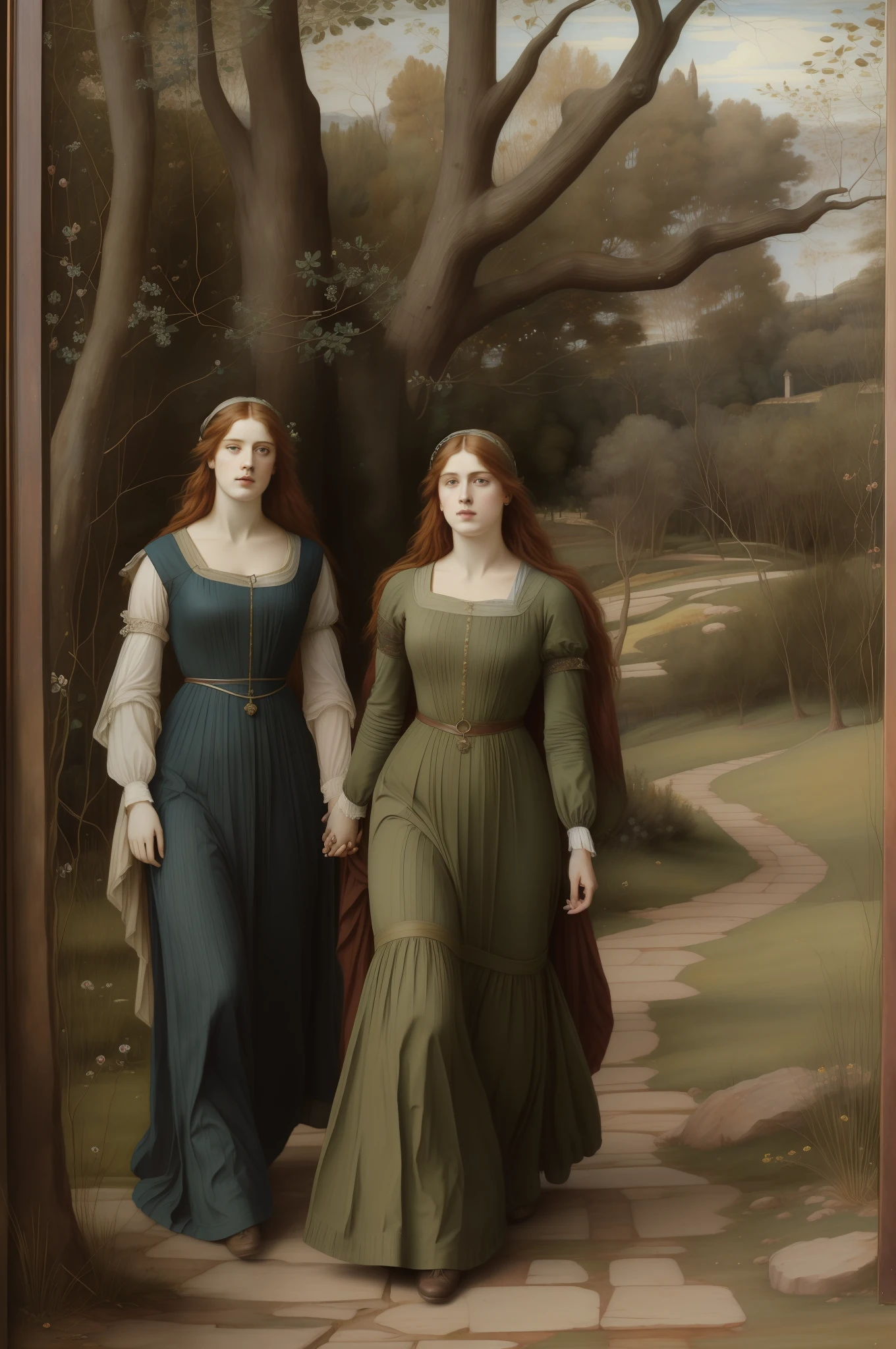 "(((Pre-Raphaelite painting))), mulheres celtas fiando e tecendo, roupas xadrez, paisagem celta, tons outonais, destaque para um grande freixo, mulheres medievais, ((tecer, fiar,)) celta, mulheres difetentes, freixo, freixo, ash tree"