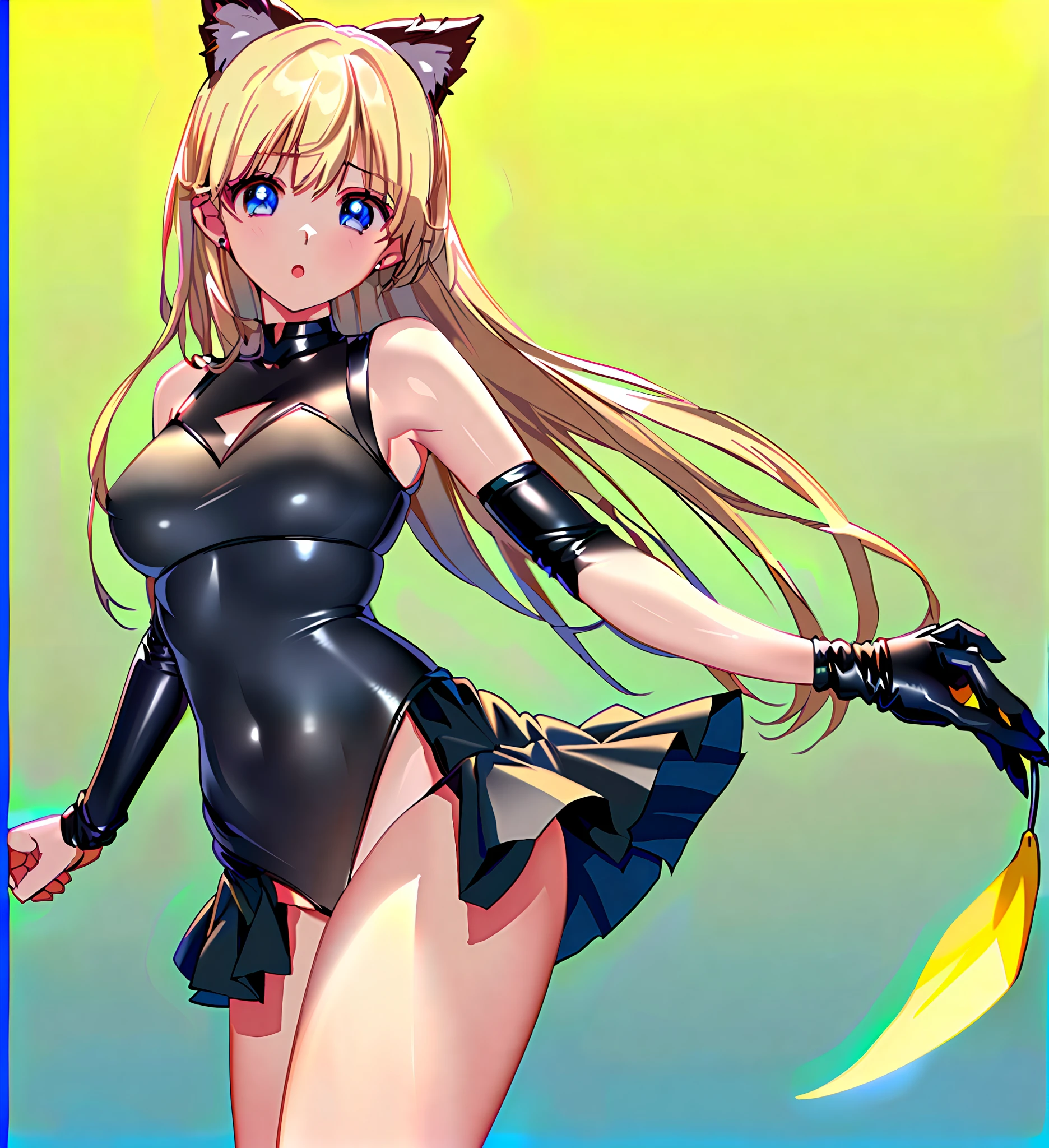 Highest image quality 8K、top-quality、masterpiece)1.2、(realisitic、Photorealsitic)1.4、ultra-detailliert、1girl in、cute little、独奏、Picture-like images、Science Ninja Team G3 Jun's Kick、rialistic photo、Beautiful facial features、Left hand near the head、beautiful thigh、Nohel、Wearing a pink leather miniskirt.、Brilliant kick, White panties are visible、Pink Leather、Pitch Pichi、Beautie