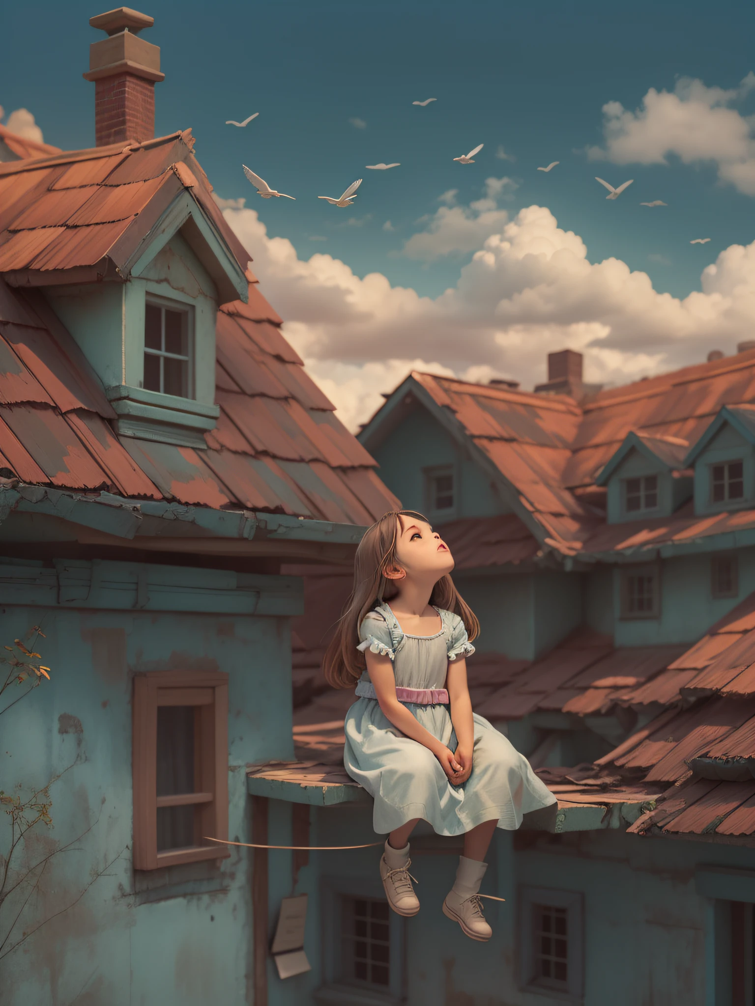 The little girl sits on the roof, looking up at the sky, and her mind is all in the wind