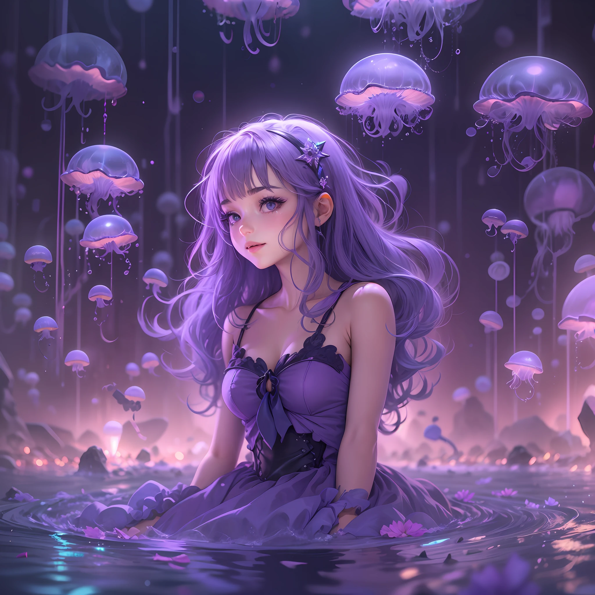 sandbox:1.4),in a panoramic view,Solo, full bodyesbian,beautiful age girl, Wear delicate purple leather shoes,It's like in a purple ocean ball pool, Wear a delicate purple dress,ssmile,Long lilac hair,There are several purple jellyfish around,Manhwa Style,Material de vidro,crystal material,extremely detaile, Cinematic lighting effects,4K,tmasterpiece,offcial art --auto