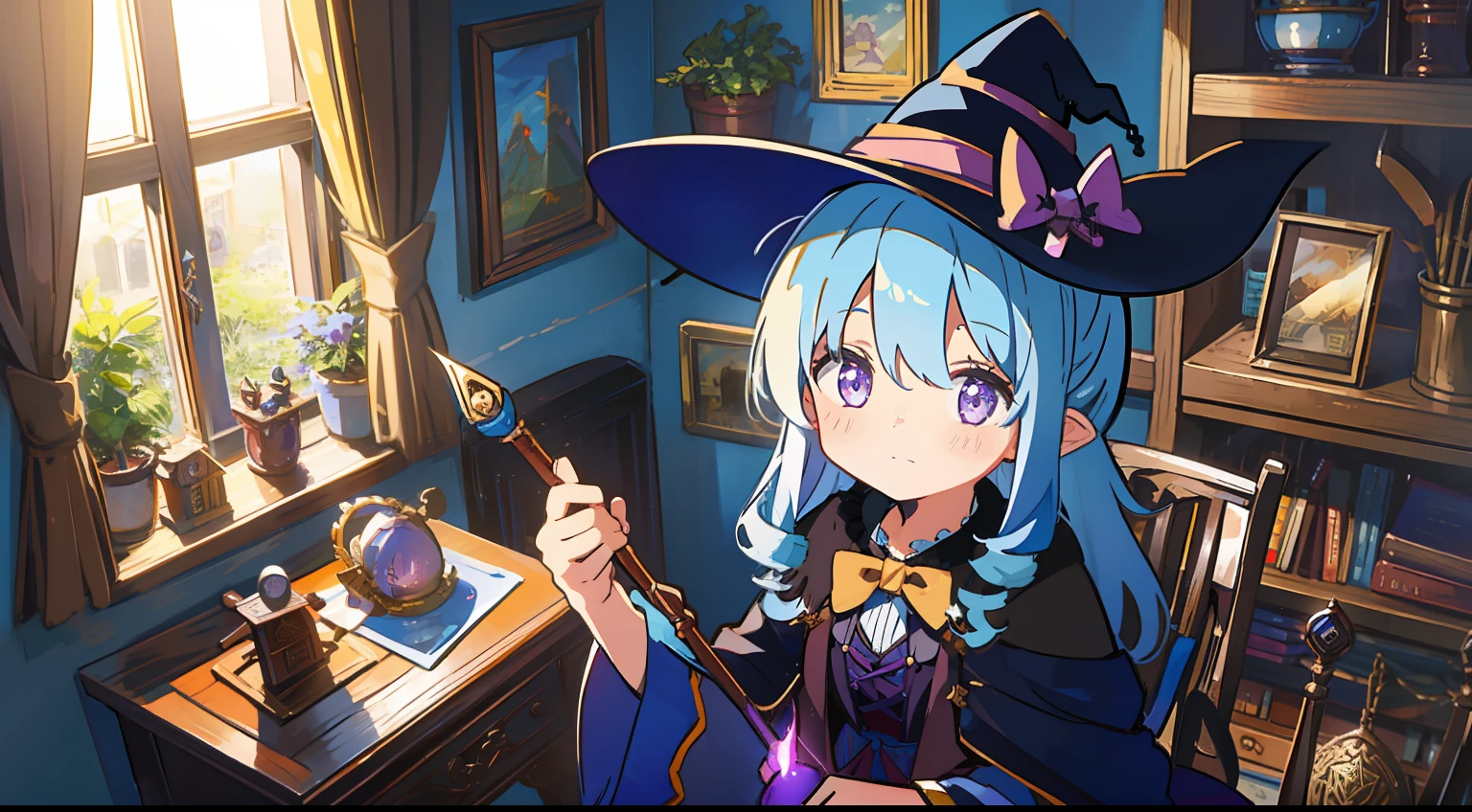 One girl、Sorcerer、witch outfit、witch's house、Witch's Room、antique、Antique chair、Sit up、​masterpiece、Top image quality、top-quality、cute little、magic wands、blue hairs、Purple eyes