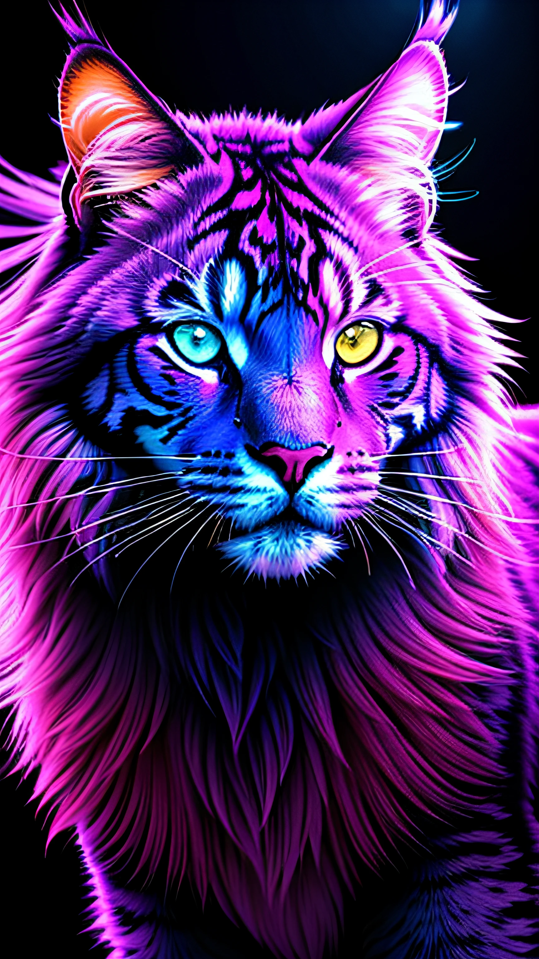 mainecoon bioluminescente, obra prima, melhor qualidade, neon lighting, menacing stare, abstract setting, Muitos detalhes, colorido, melhor qualidade, cores vivas