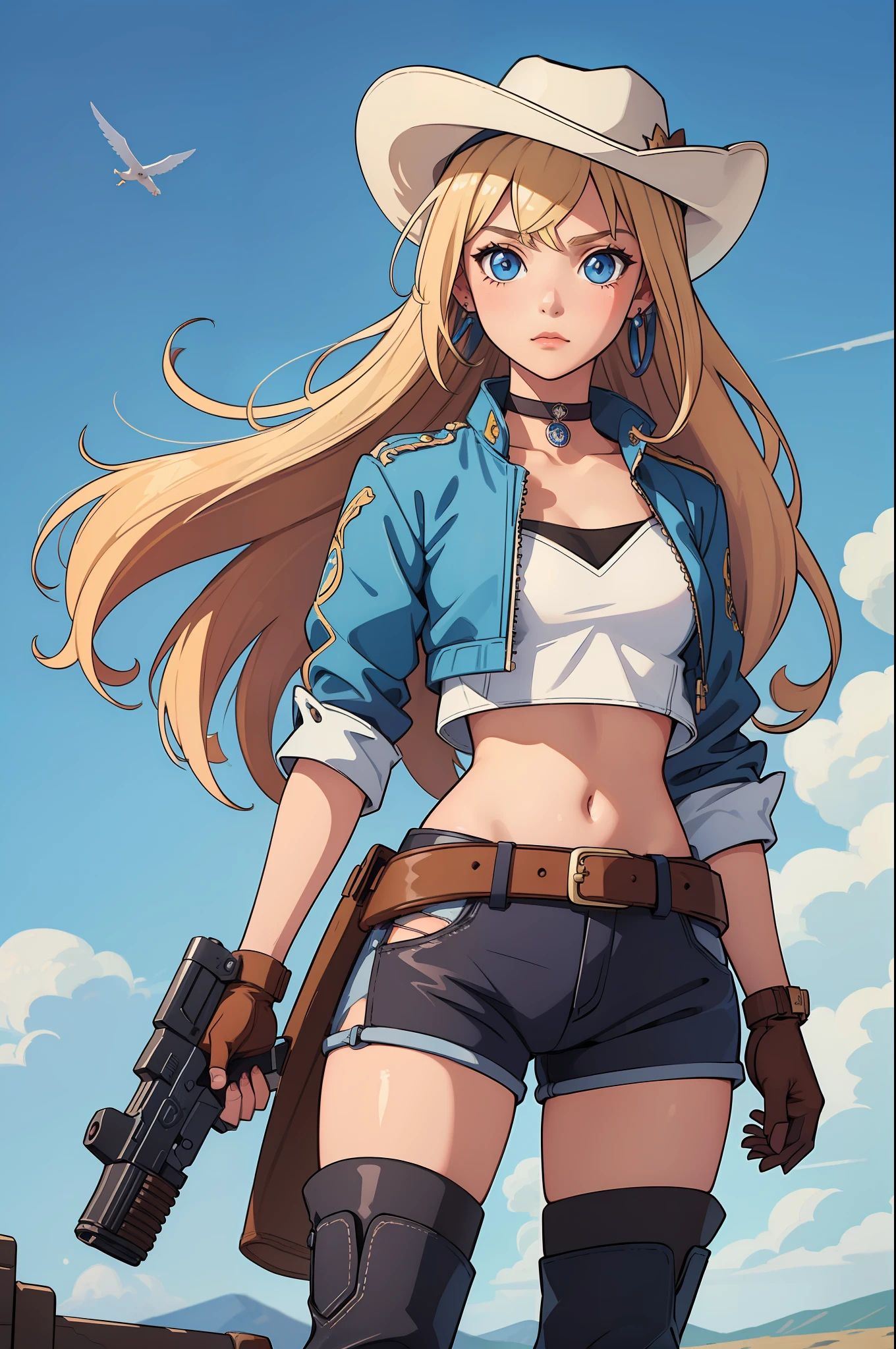 ((masterpiece)), ((high quality)), ((high res)), 1girl, blonde_hair, blue_eyes, boots, choker, earrings, gloves, (gun, colt peacemaker), jewelry, long_hair, midriff, solo, standing, thigh_boots, cowgirl, ranch backdrop, day, cowboy hat,