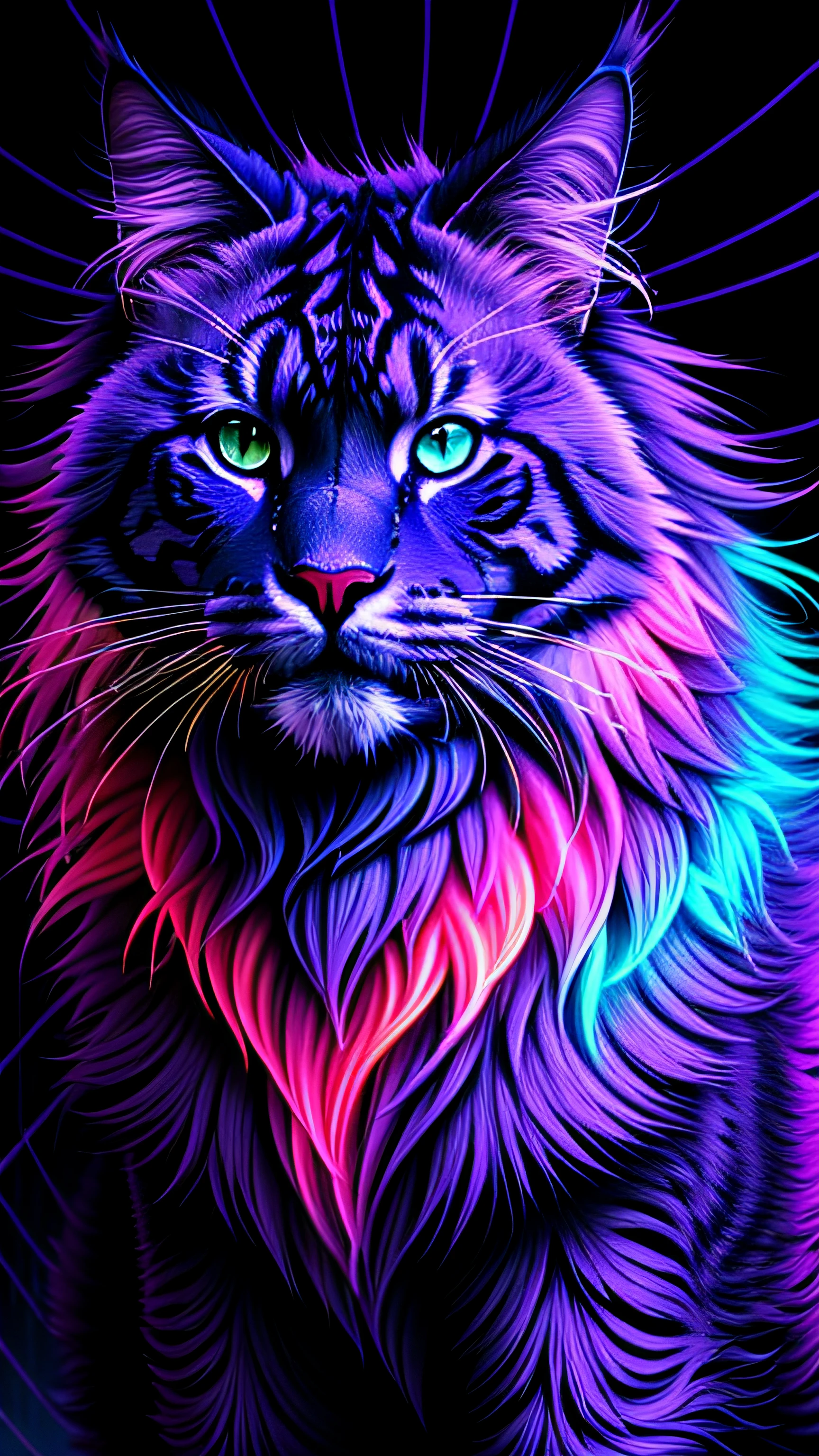 mainecoon bioluminescente, obra-prima, melhor qualidade, neon lighting, Cyberpunk style menacing look, abstract setting, muitos detalhes, melhor qualidade, intimidador, cores saturadas