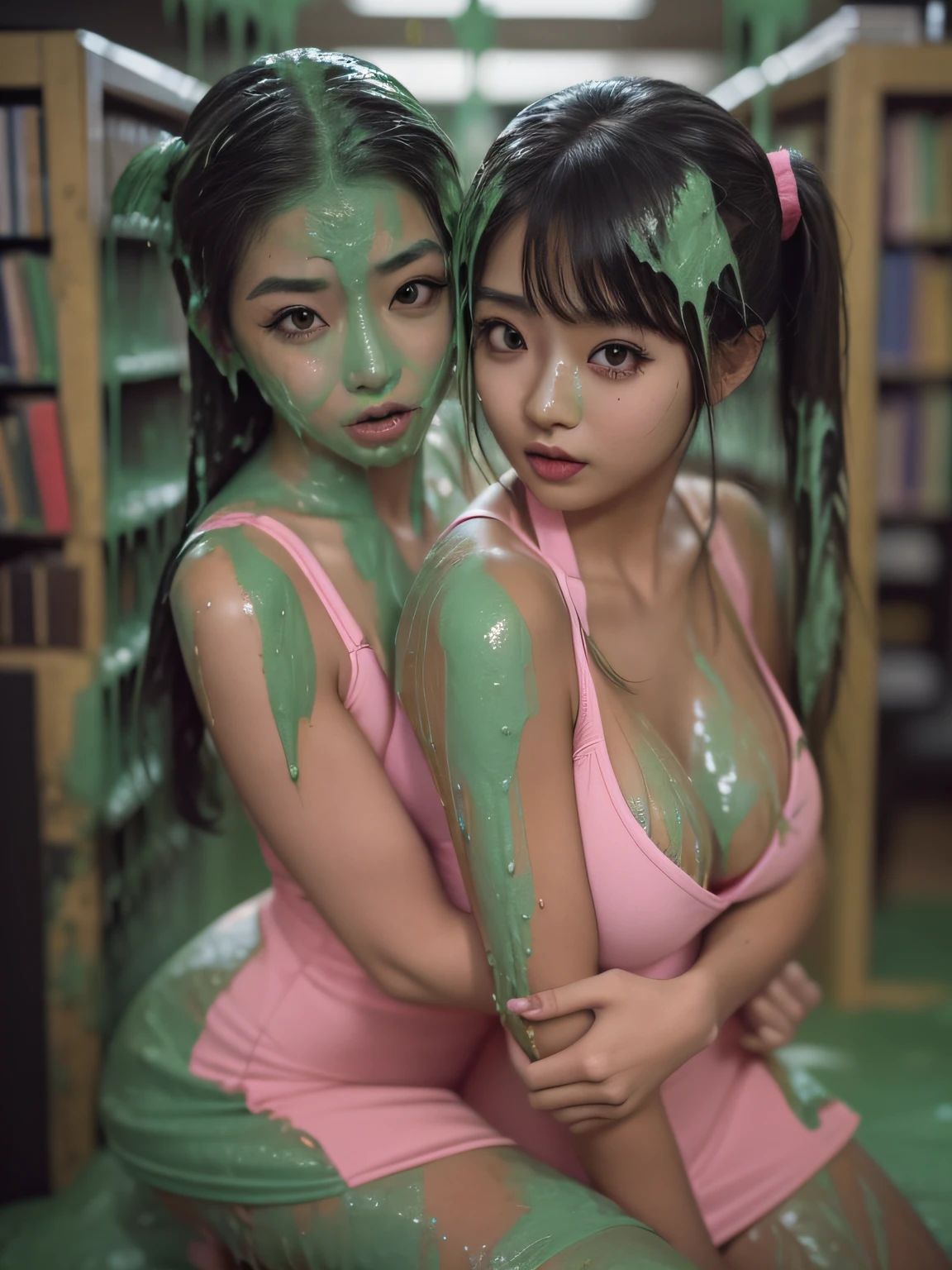 (21-year Korean women: 1.2), 2 women hugging, black school uniforms, cleavage, inside library, thick eyeliner, long eyelashes, pigtails, sexy, (thick sludge dripping down heads: 1.8), (thick sludge dripping down bodies: 1.7), (thick sludge splatters everywhere: 1.9)