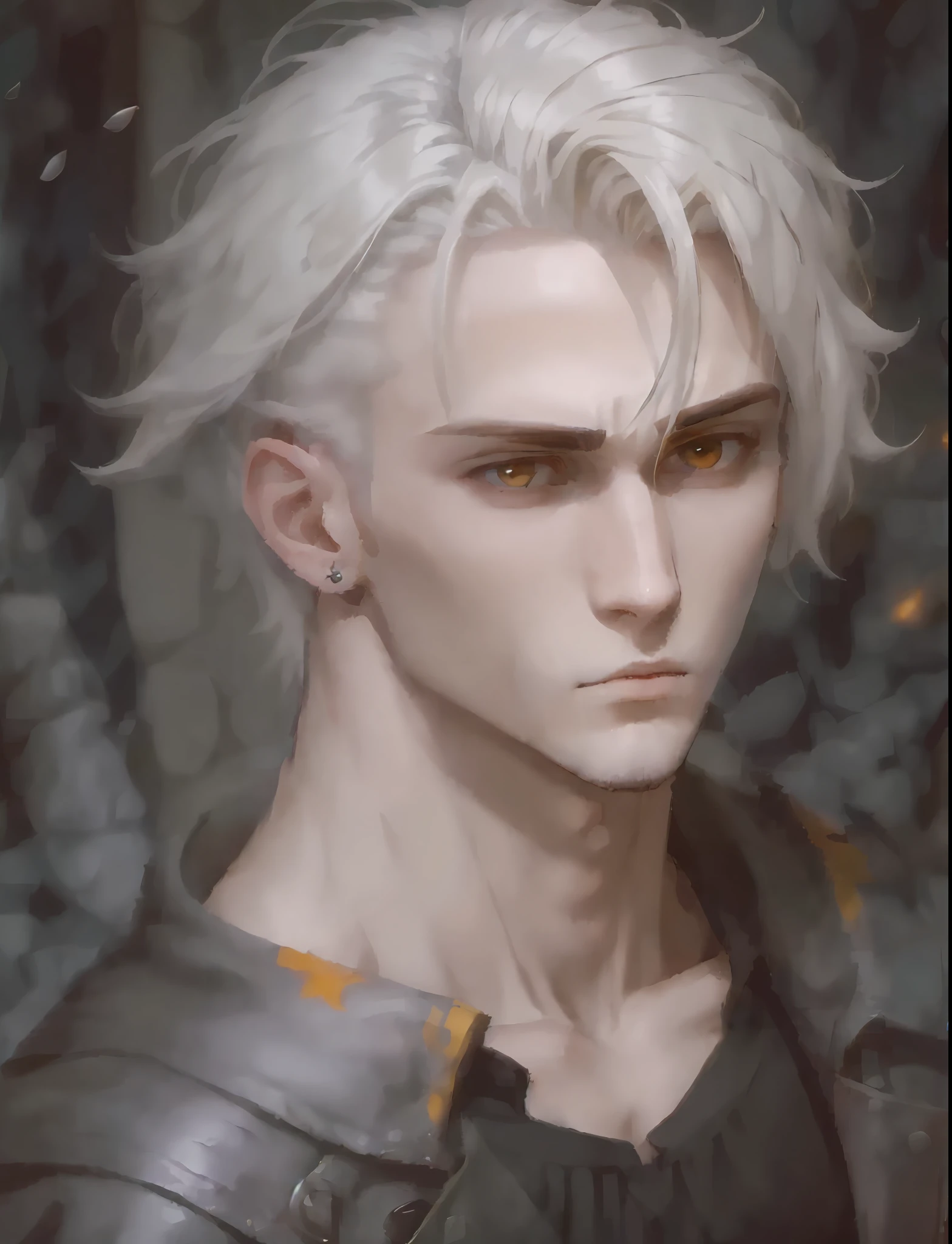 Personaje de Manwha con cabello blanco y ojos amarillo, Tiene pelos grises oscuros, Un loco de pelo plateado, Chico alto de manwha con ojos amarillos, mirada amenazante, Cara detallada de Highley, mirando a su lado, Es muy amenazante y malvado --auto --s2