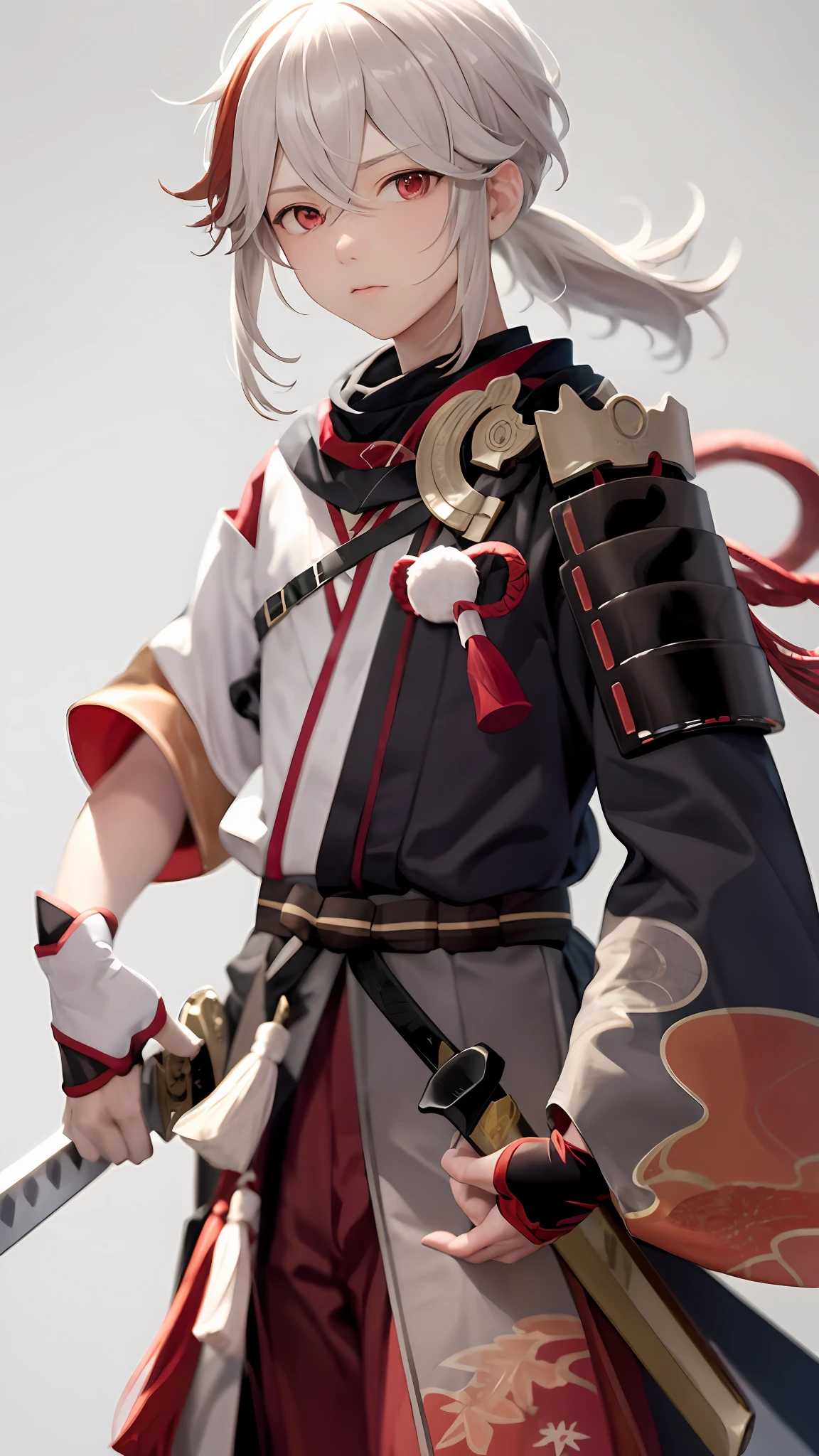 masterpiece, best quality,kaedehara kazuha, male focus, 1boy, solo, red eyes, bangs, multicolored hair, japanese clothes, streaked hair, red hair, hair between eyes, weapon, sword, armor, japanese armor, white hair, closed mouth, ponytail, outdoors, tassel, looking at viewer,(grey background:1.4),(kbxll:0.6)