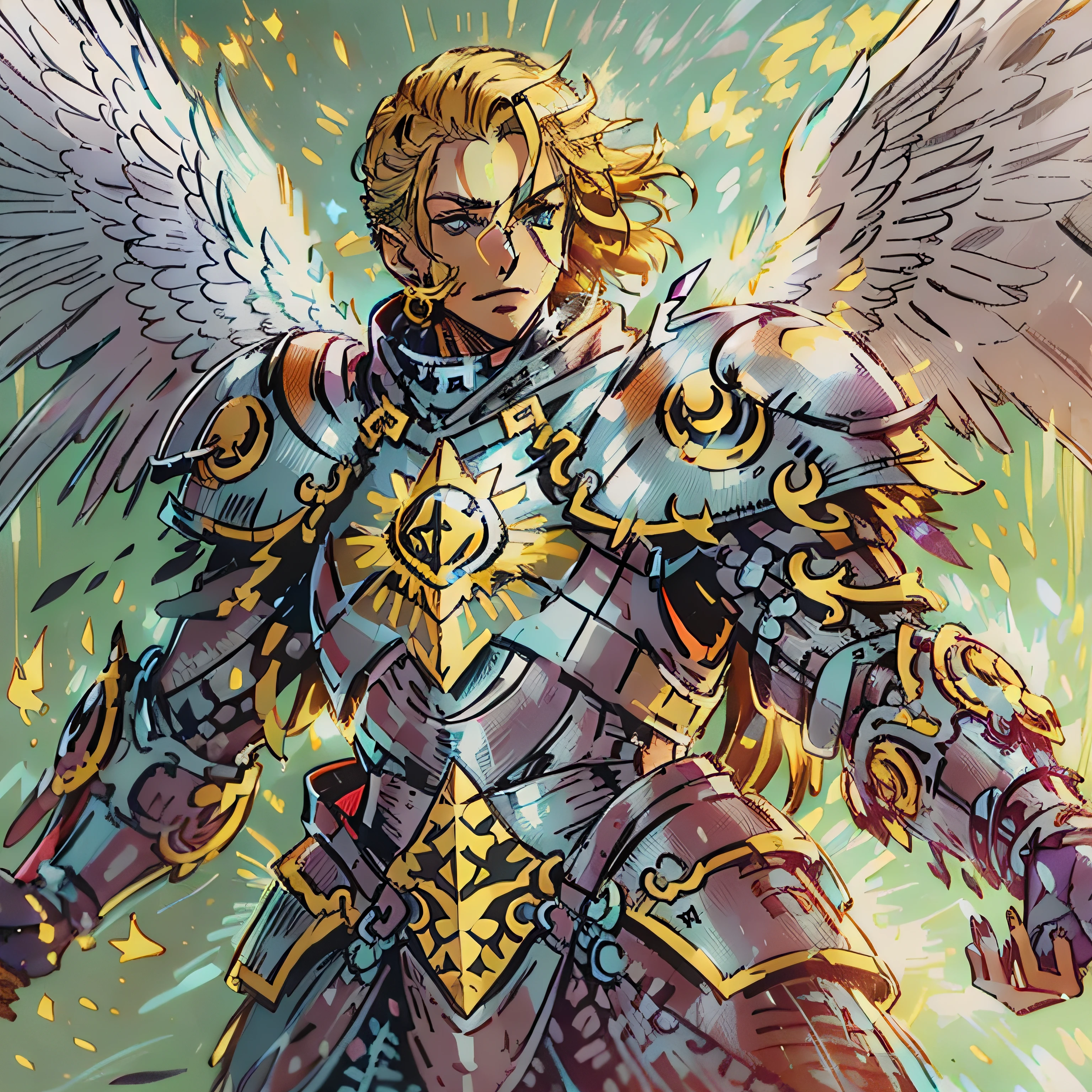 Battleforce angels are the radiant hosts that soar into combat, bathed in the light of Boros zeal. (angel 1.2), (male 1.2), (paladin 1.2), (action pose 1.2), (silver armor 1.2), (angel wings), close up portrait, (only one paladin 1.2)