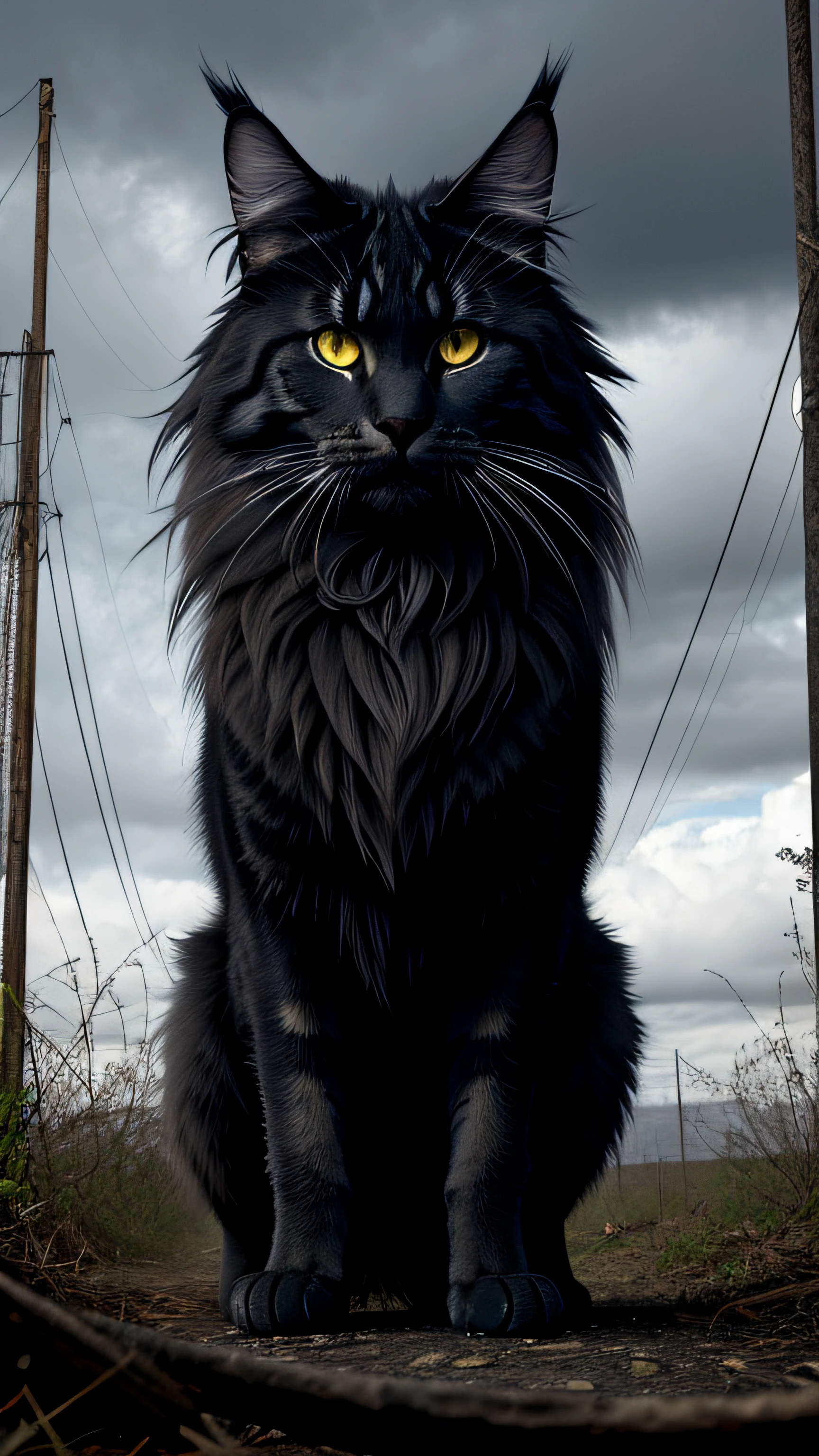 mainecoon aterrorizante, preto, bravo com olhar furioso, sombrio, aterrorizante, terror, imponente, obra-prima, melhor qualidade, cinematic lighthing, menacing stare, filme de terror, muitos detalhes, melhor qualidade, intimidador, cores escuras, psychological terror, estilo silent hill