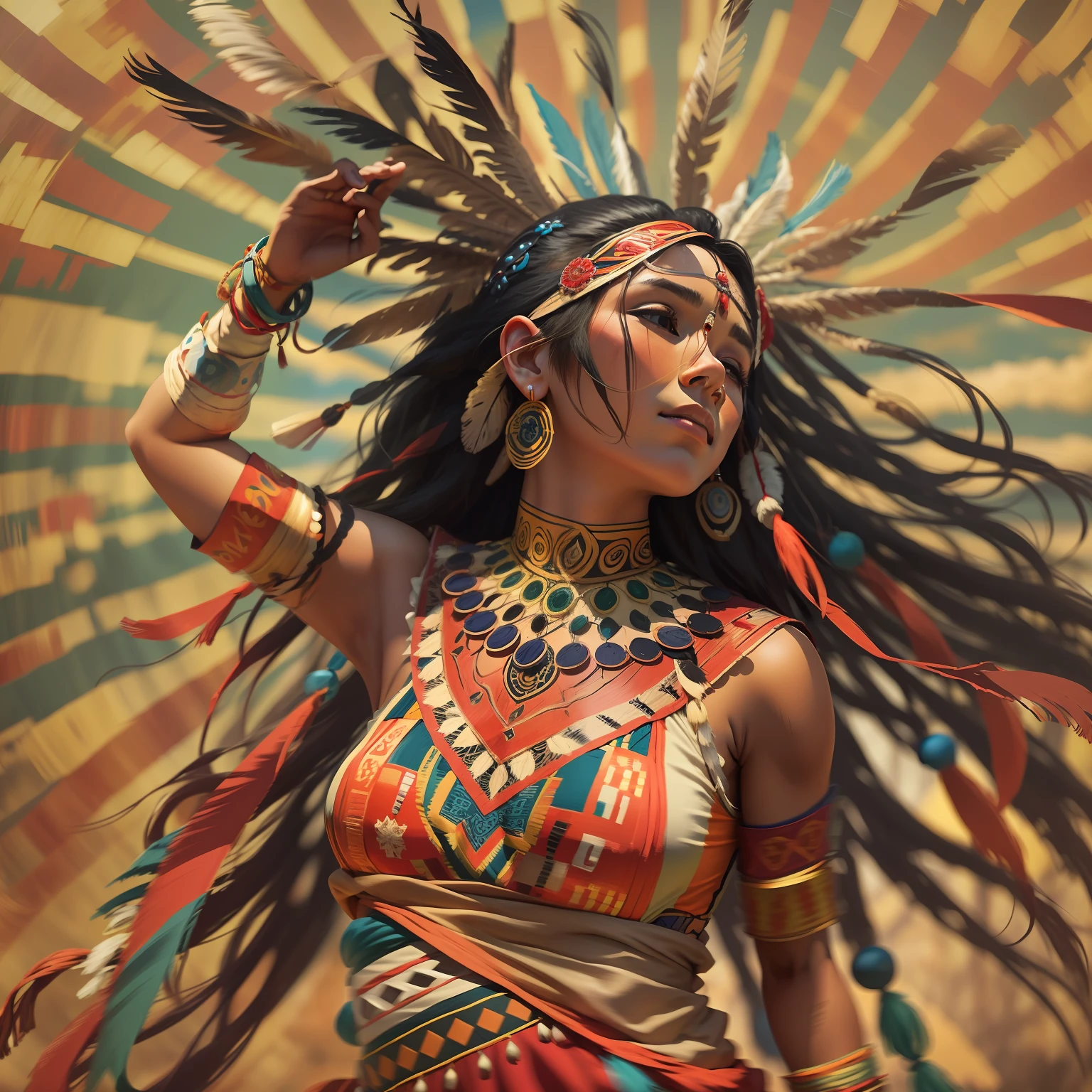 A beautiful indigenous woman dancing, cabelos pretos longos cacheados com franja, rosto bonito, imagem alto detalhe, simetria, Arte de Fantasia