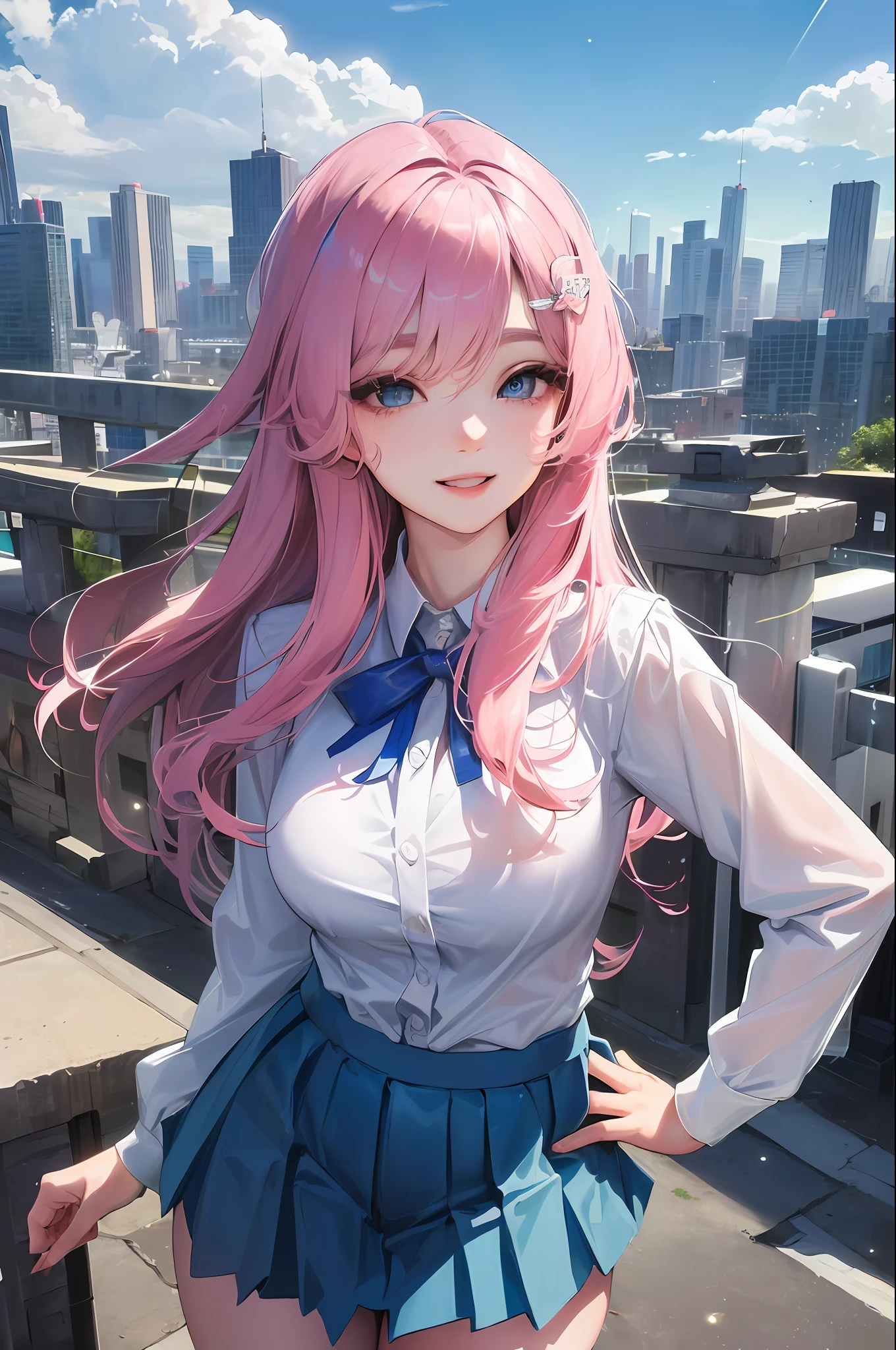 official art, masterpiece, sharp focus, (beautiful gorgeous cute Korean woman:1.3), (beautiful cute korean:1.3), korean beauty, Delicate and beautiful hair and eyes and face, realistic, ultra detailed, beautiful girl, blue sky, glow white particle, (sidelighting:1.2), sun light, white cloud, detailed clouds, slender, Lovely very large breasts and very large hips, smile with teeth, ((smile with eyes, open both eyes)), scenery, long straight hair, sexy facial expression, building, (cityscape:1.7), dynamic hair, long straight hair, detailed platinum pink hair, glow blue eyes, (blue pleated shirts + white skirt), white long socks, pale skin, hair ornament, epic scenery,