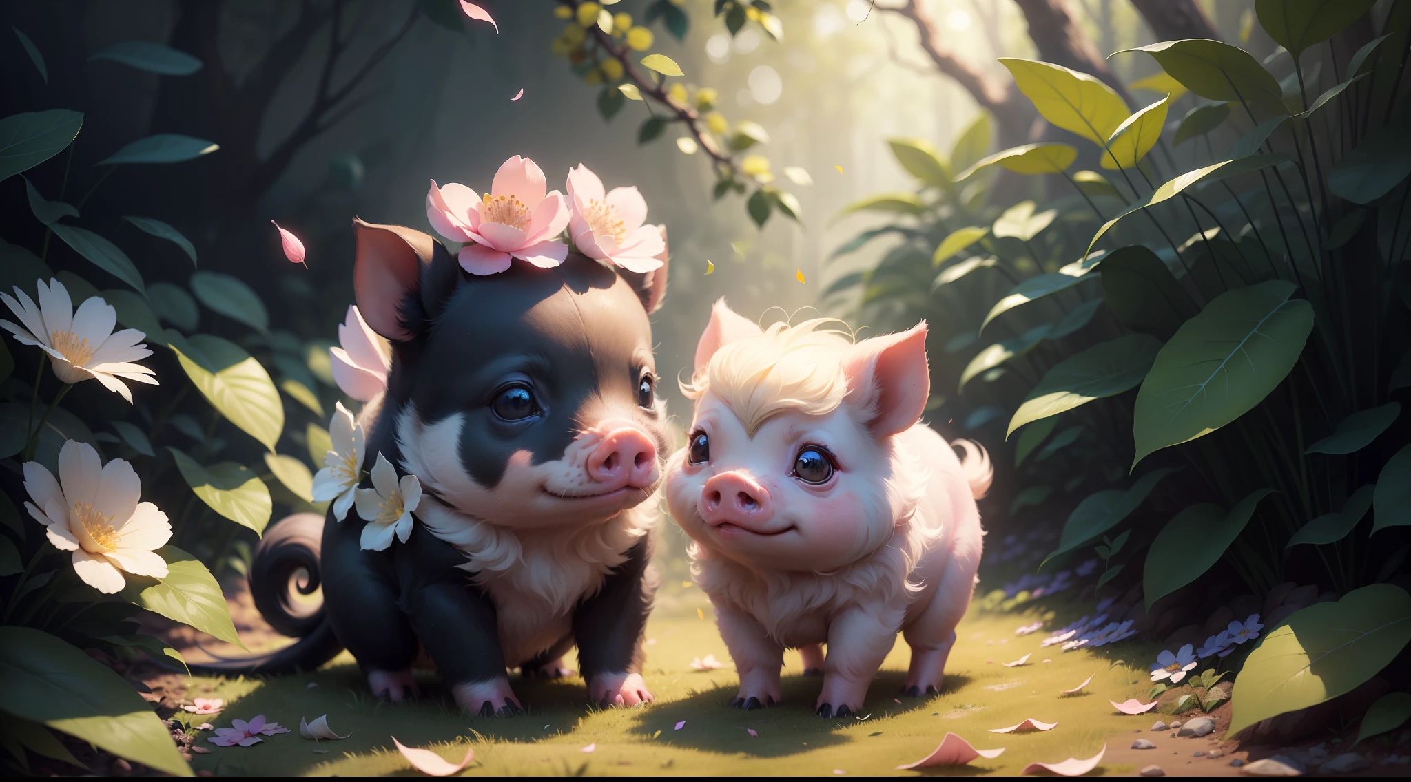 Baby pig, fundo complexo, beautiful  lighting, sombra profunda, melhor qualidade, obra-prima, Ultra Highres, fotorrealista, Proper proportions, muitos pequenos detalhes, cores suaves, volumeric lighting, Scifi, contraste: 0.5, sozinho: 1.4, majo, bicho, floresta, grama, salgueiros, flower petals, Ultra fofo, Cutemaomao