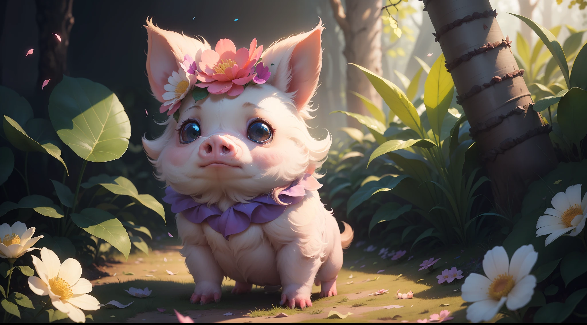 Baby pig, fundo complexo, beautiful  lighting, sombra profunda, melhor qualidade, obra-prima, Ultra Highres, fotorrealista, Proper proportions, muitos pequenos detalhes, cores suaves, volumeric lighting, Scifi, contraste: 0.5, sozinho: 1.4, majo, bicho, floresta, grama, salgueiros, flower petals, Ultra fofo, Cutemaomao