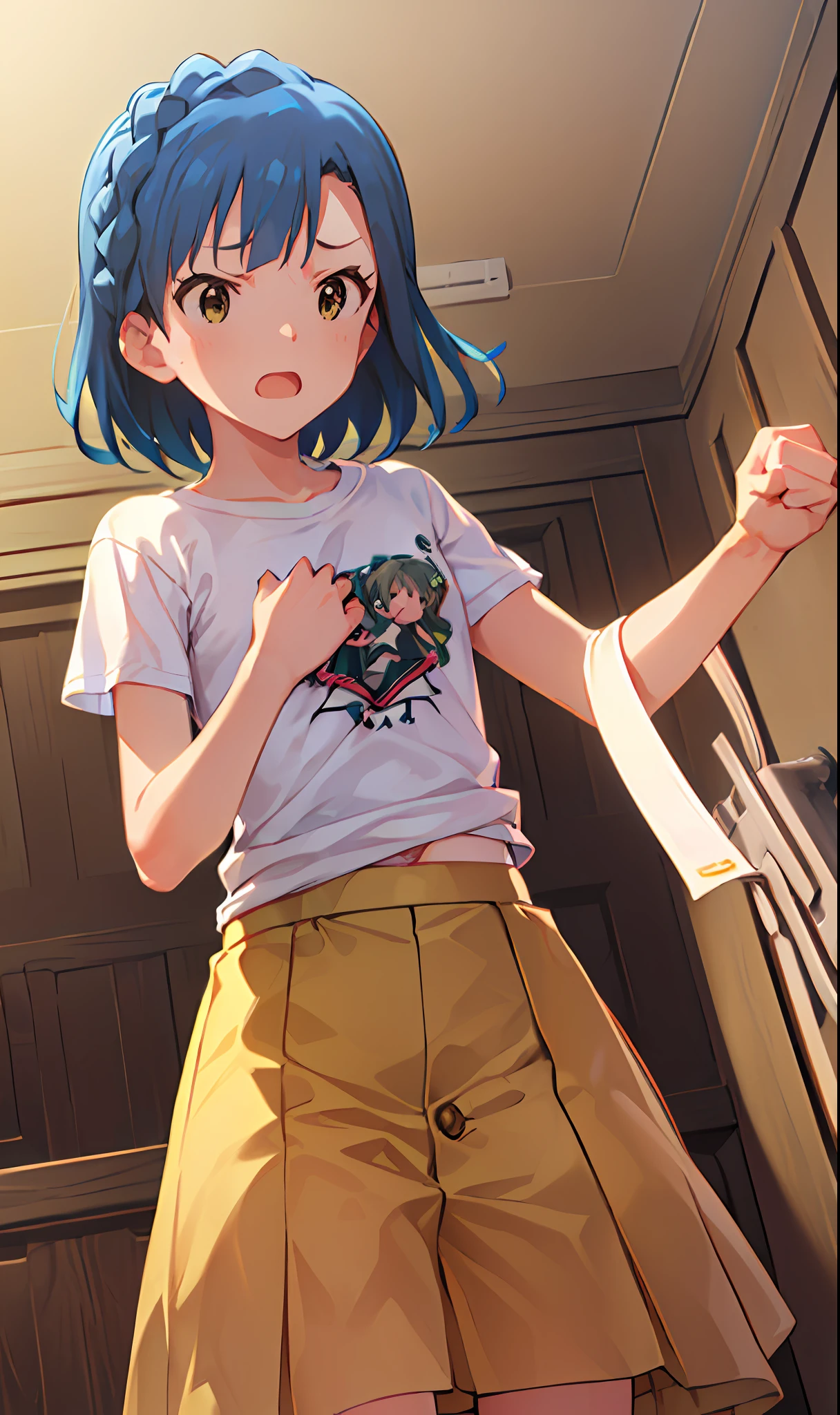 ko nanaillion live). Short stature. (((white t-shirts))).(((Skirt))).(((masterpiece))).(((best quality))).((Ultra-detailed))).(((illustratio))). (((fighting stance))).(((a room))).(((make a fist))).(((up chest))).Despair face.(((short-hair))).((Medium chest)).((Opening Mouth)).