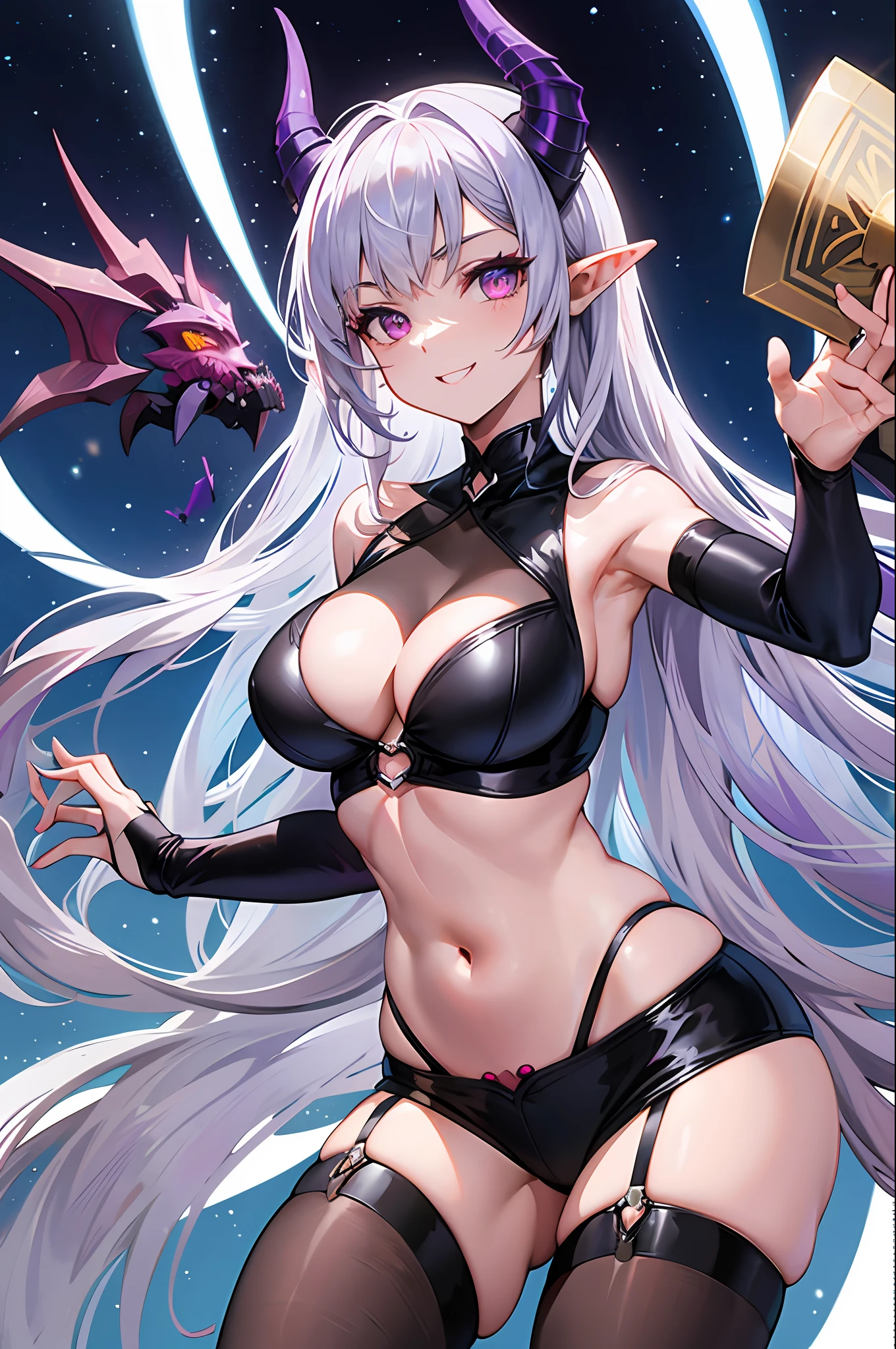 A female demon with elf ears, um rosto maduro com um sorriso perverso, e corpo volumoso com seios enormes e busto, Silver hair with purple locks and demonic purple eyes, roupa preta, unhas grandes longas e pontiagudas, caveiras e velas de rituais, sombras em formas de pessoas e uma porta distante no meio do nada