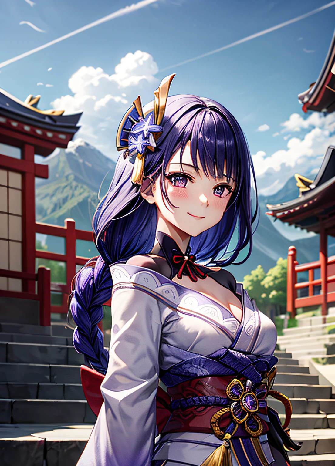 raidenshogundef, upper body, smile, blush, outdoors, day, simple background, blue sky, short hair, sky, temple, looking at viewer, stairs, mountain, moody lighting,