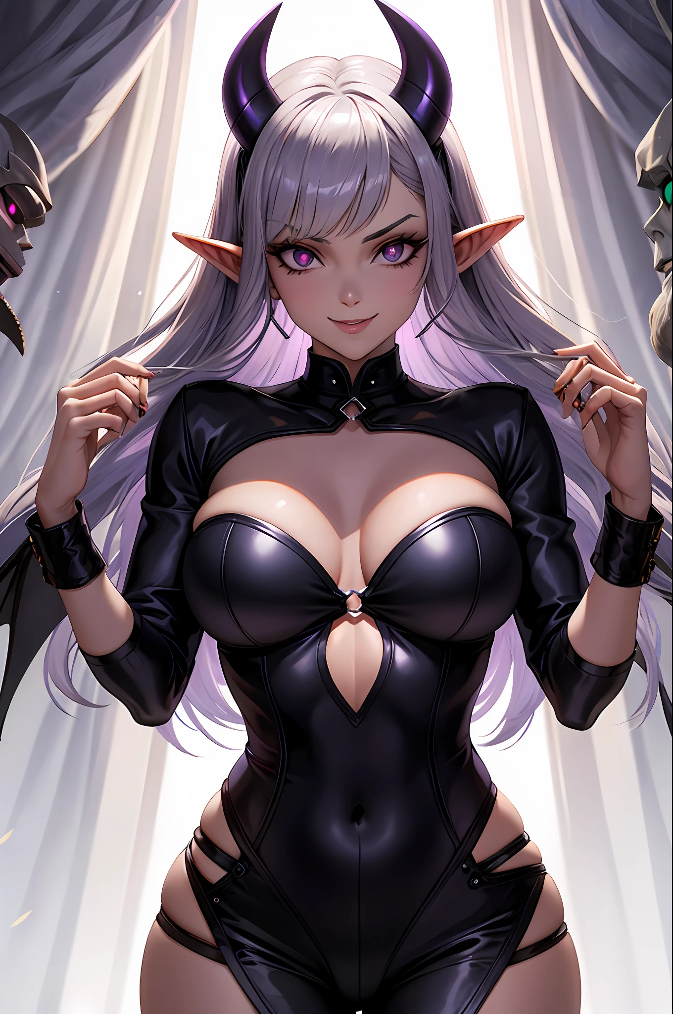 A female demon with elf ears, um rosto maduro com um sorriso perverso, e corpo volumoso com seios enormes e busto, Silver hair with purple locks and demonic purple eyes, roupa preta, unhas grandes longas e pontiagudas, caveiras e velas de rituais, sombras em formas de pessoas e uma porta distante no meio do nada