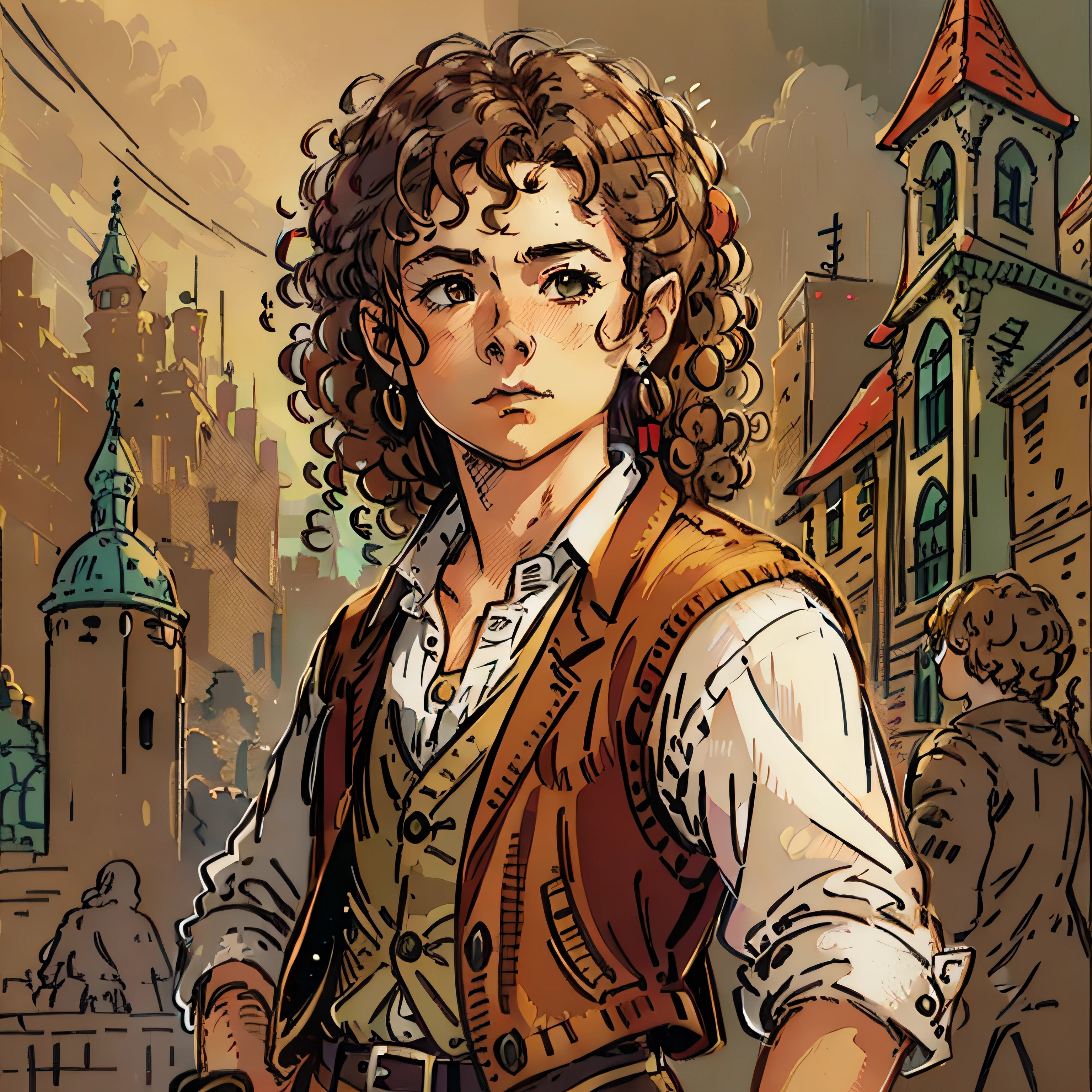 "Small hobbit, pale skin, curly hair, RPG character portrait, medieval fantasy, slightly chubby, white shirt, and brown suede vest."
