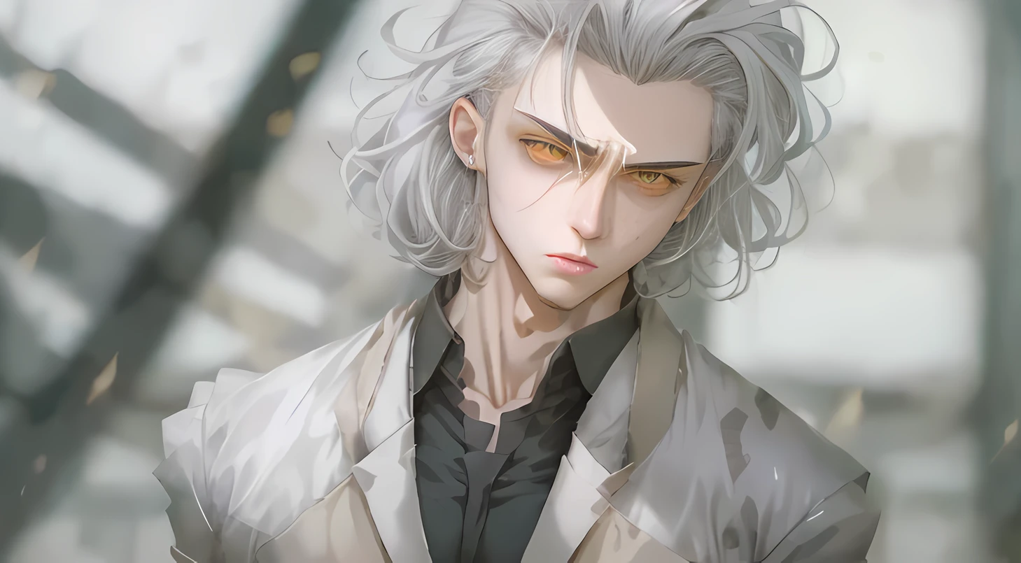 Personaje de Manwha con cabello blanco y ojos amarillo, Tiene pelos grises oscuros, Un loco de pelo plateado, Chico alto de manwha con ojos amarillos, mirada amenazante, Cara detallada de Highley, mirando a su lado, Es muy amenazante y malvado --auto