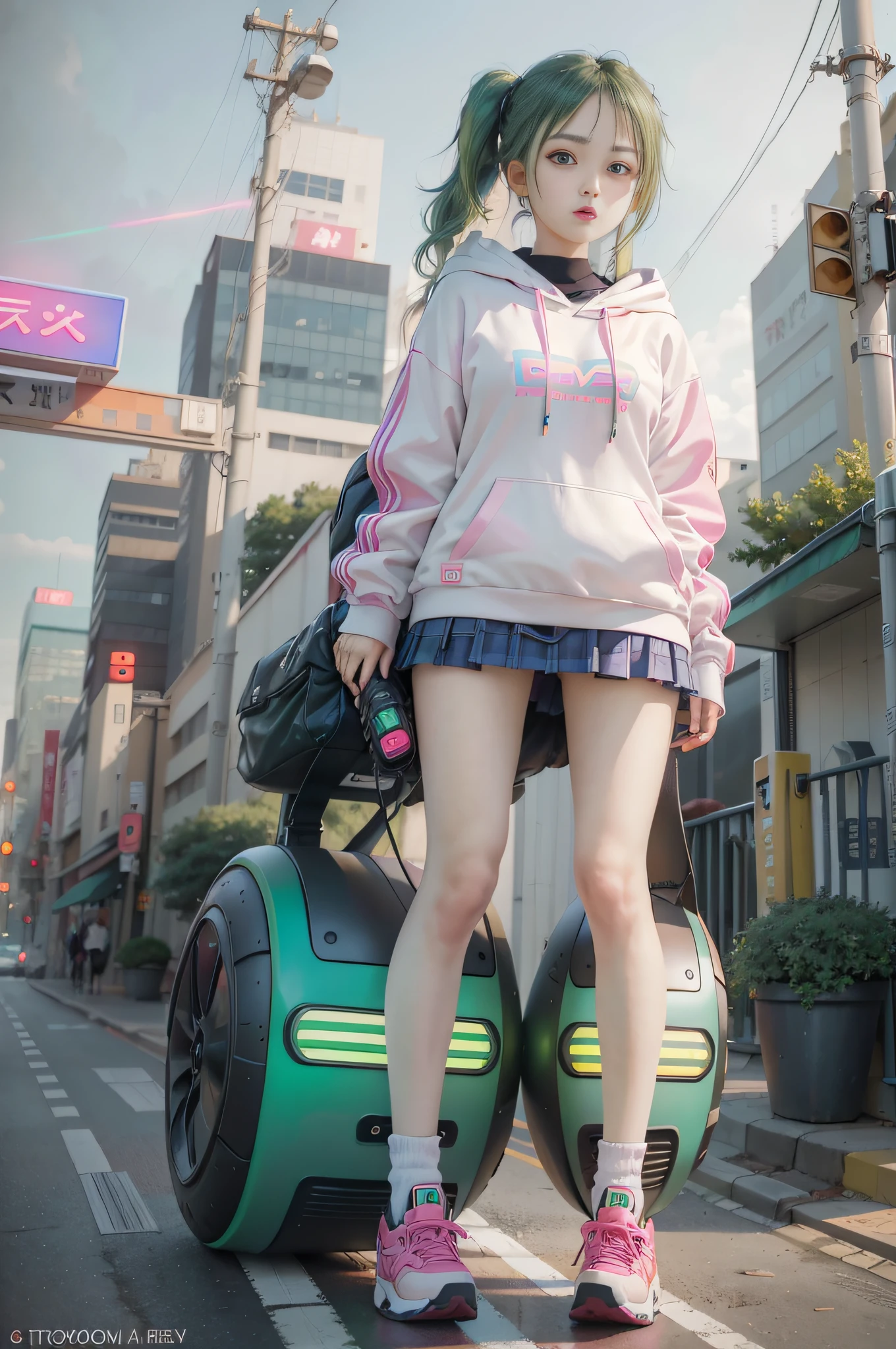 Extreme low angle, full body (8k, RAW photo, highest quality, masterpiece), High detail RAW color photo professional close-up photo, (realism, photo realism:1.4), (highest quality), (best shadow), (best illustration),surreal face, blue eyes, girl long neon green hair, wearing short hoodie head set, long Tartan plaid Skirt, tight high socks, hiding a hoverboard, tokyo night, neon, neon pink, neon blue, neon lime green,