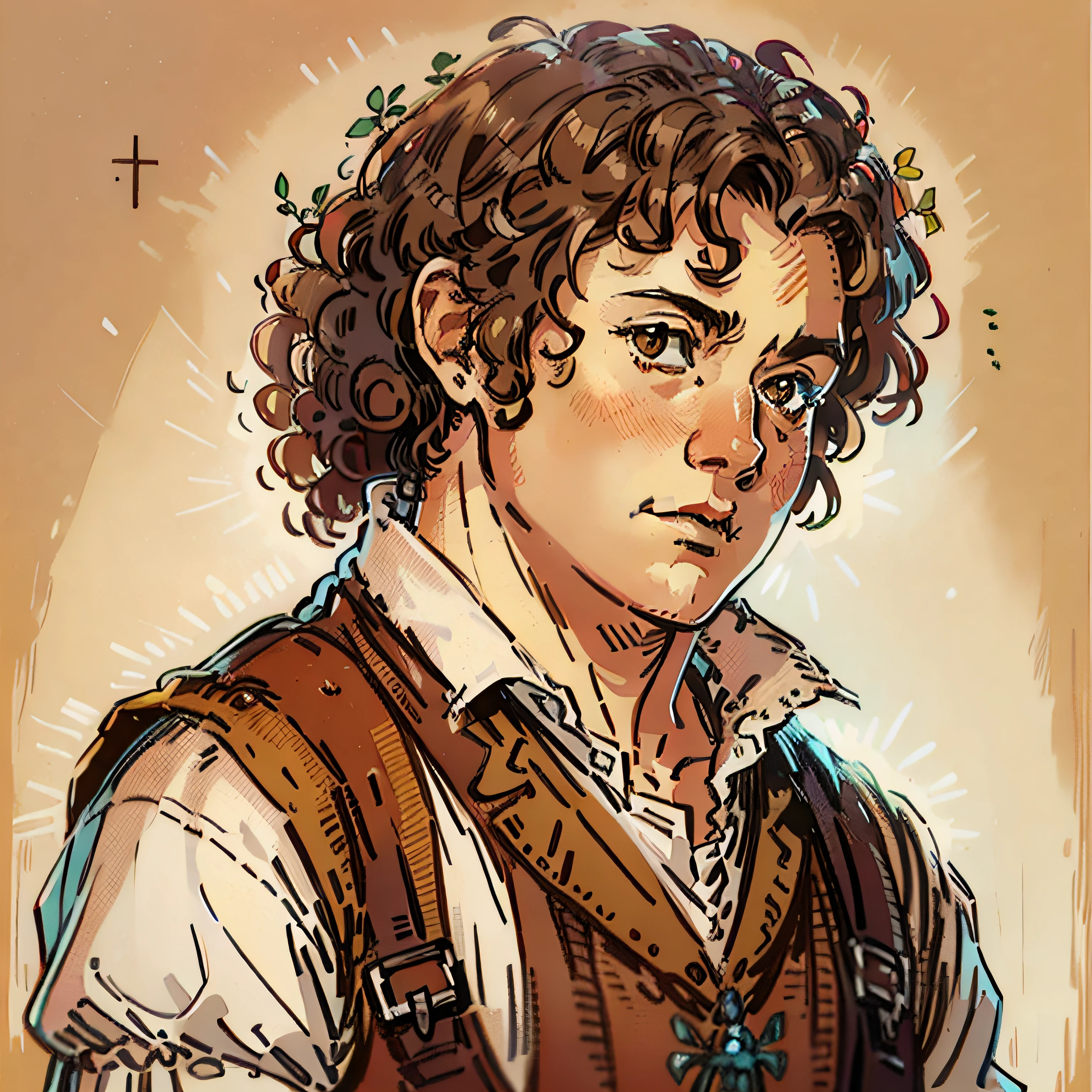 "Small hobbit, pale skin, curly hair, RPG character portrait, medieval fantasy, slightly chubby, white shirt, and brown suede vest."