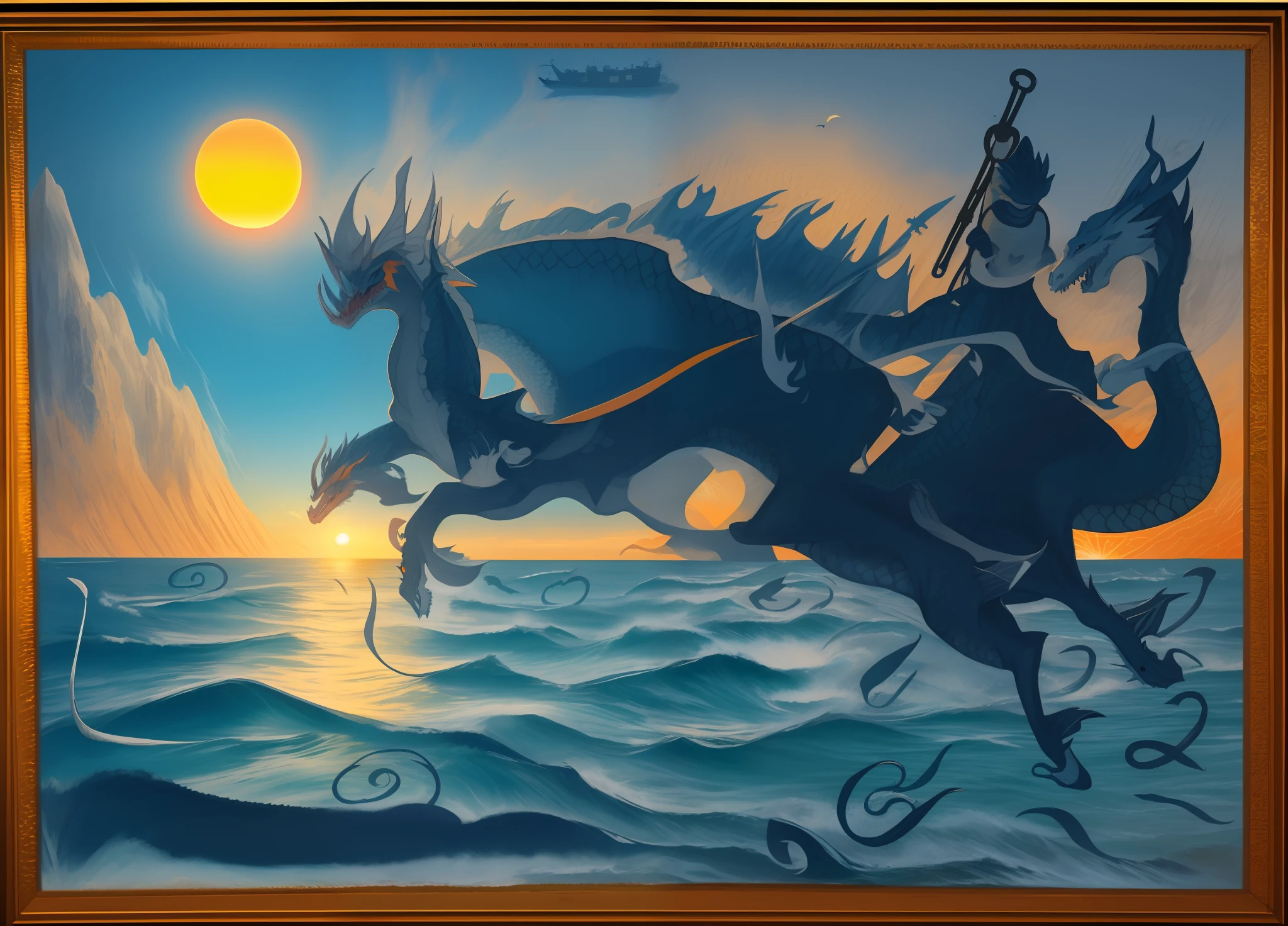 Dragons are at sea., Blue Sea, evening. Orange Sun