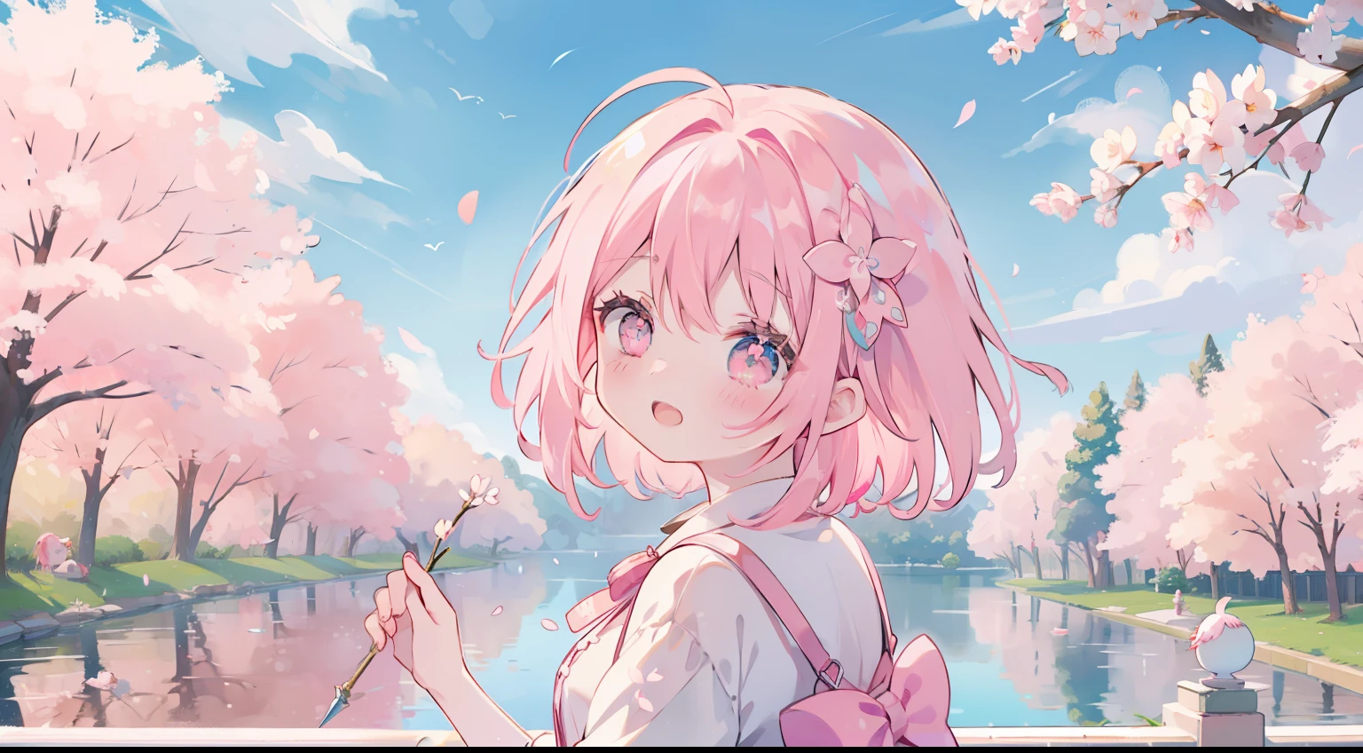 One girl、A pink-haired、Pink eyes、cherry trees、fluffly、onepiece、frilld、Ribbon on the back、The cherry tree、Sakura blizzard、cute little、laugh