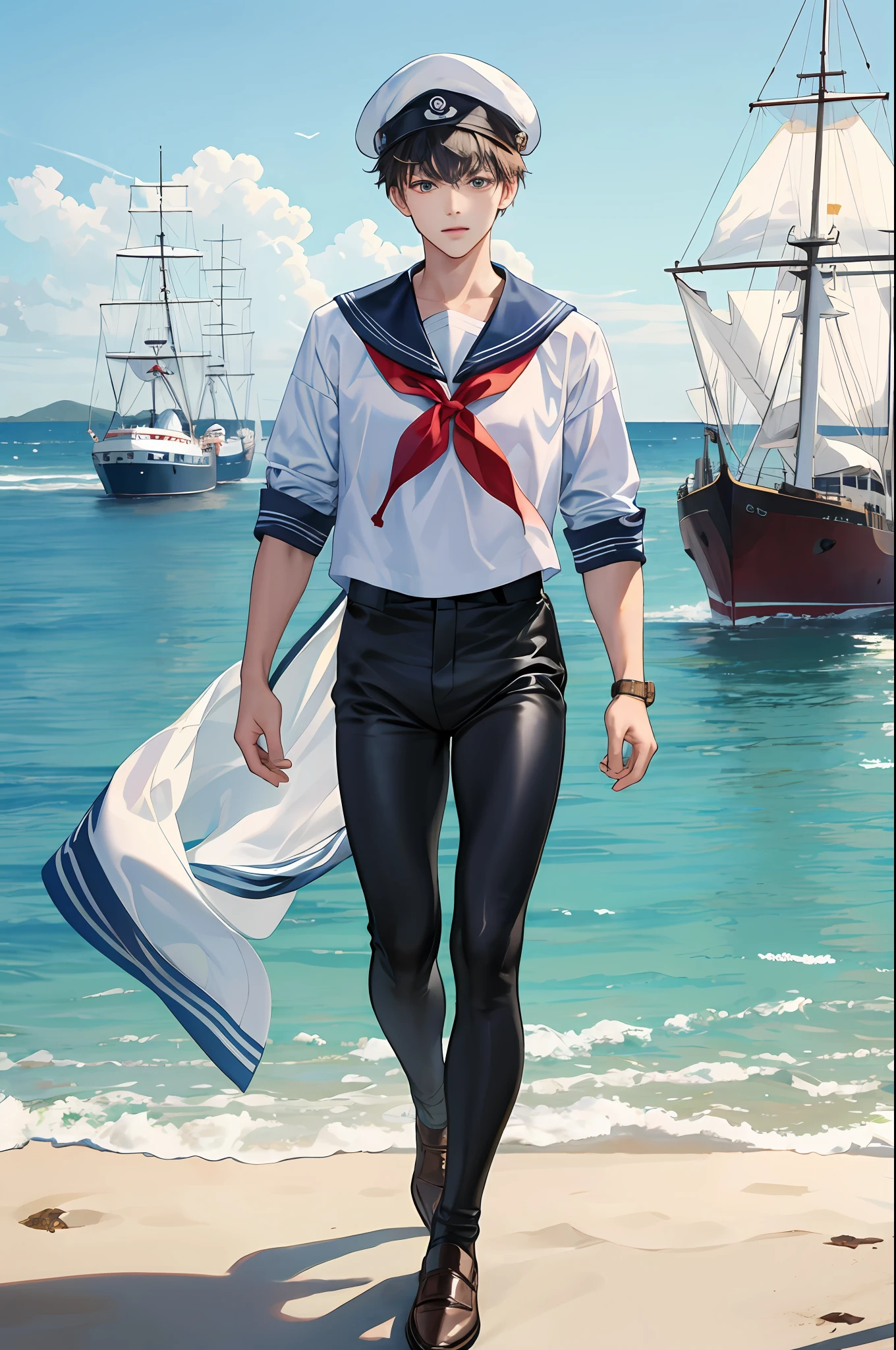 Handsome sailor little boy,Wearing a seafarer's hat,wearing legging,leather shoes