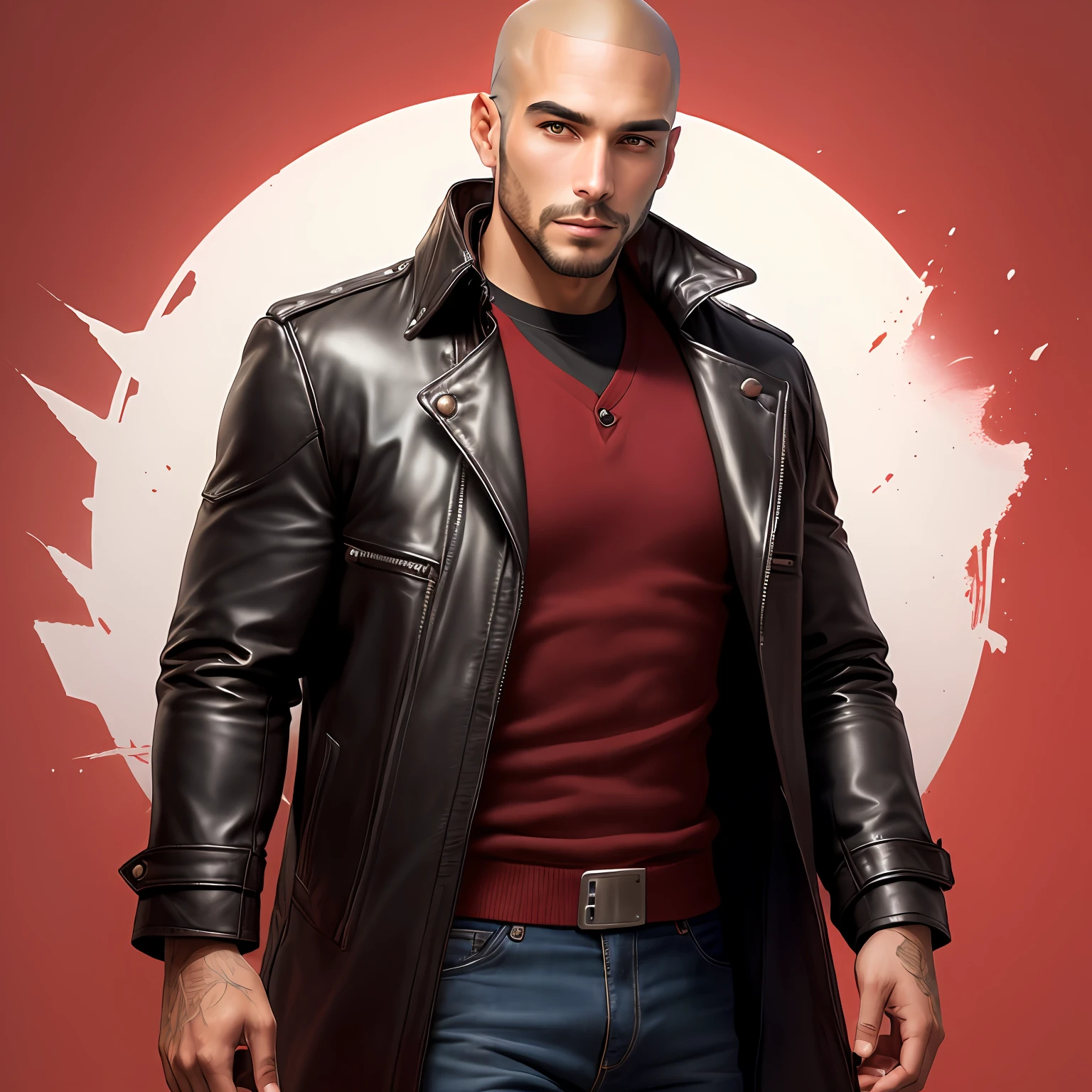 Leather coat uncle scalp stubble stubble red background