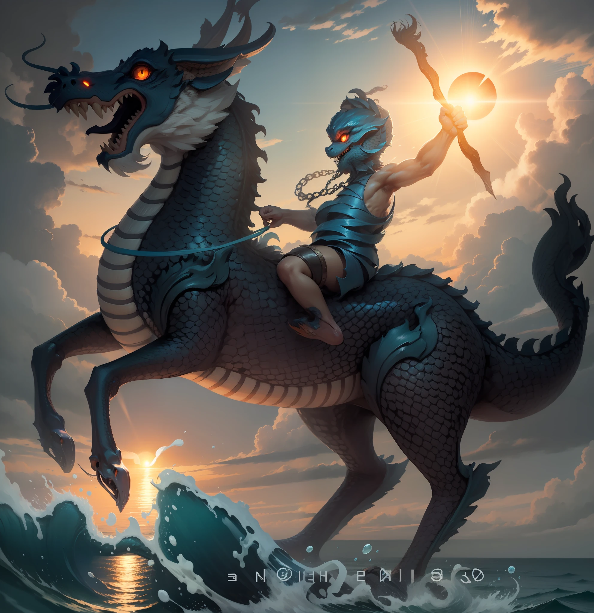 Dragons are at sea., Blue Sea, evening. Orange Sun