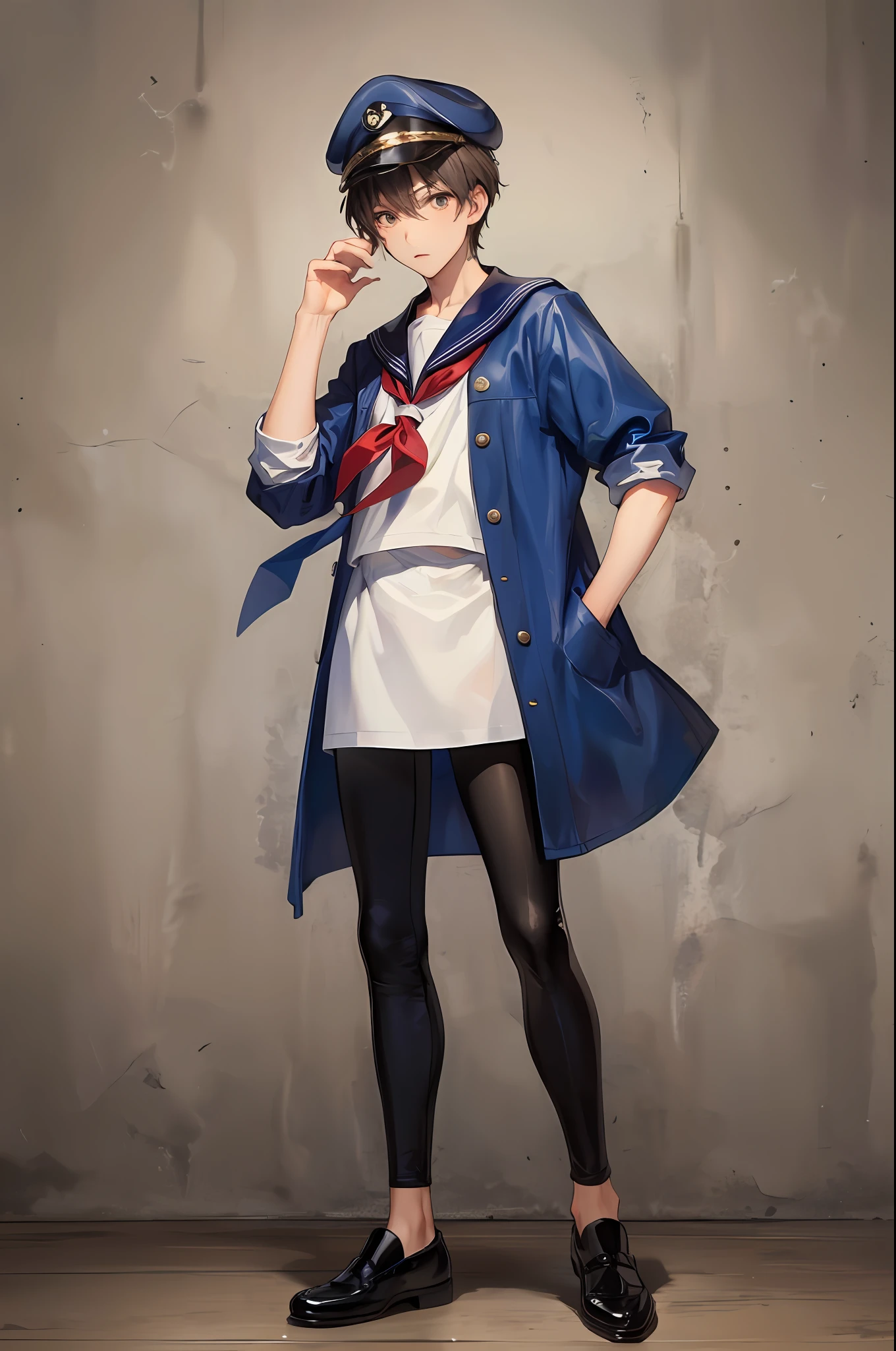 Handsome sailor boy,Wear a navy cap on your head,wearing legging,leather shoes