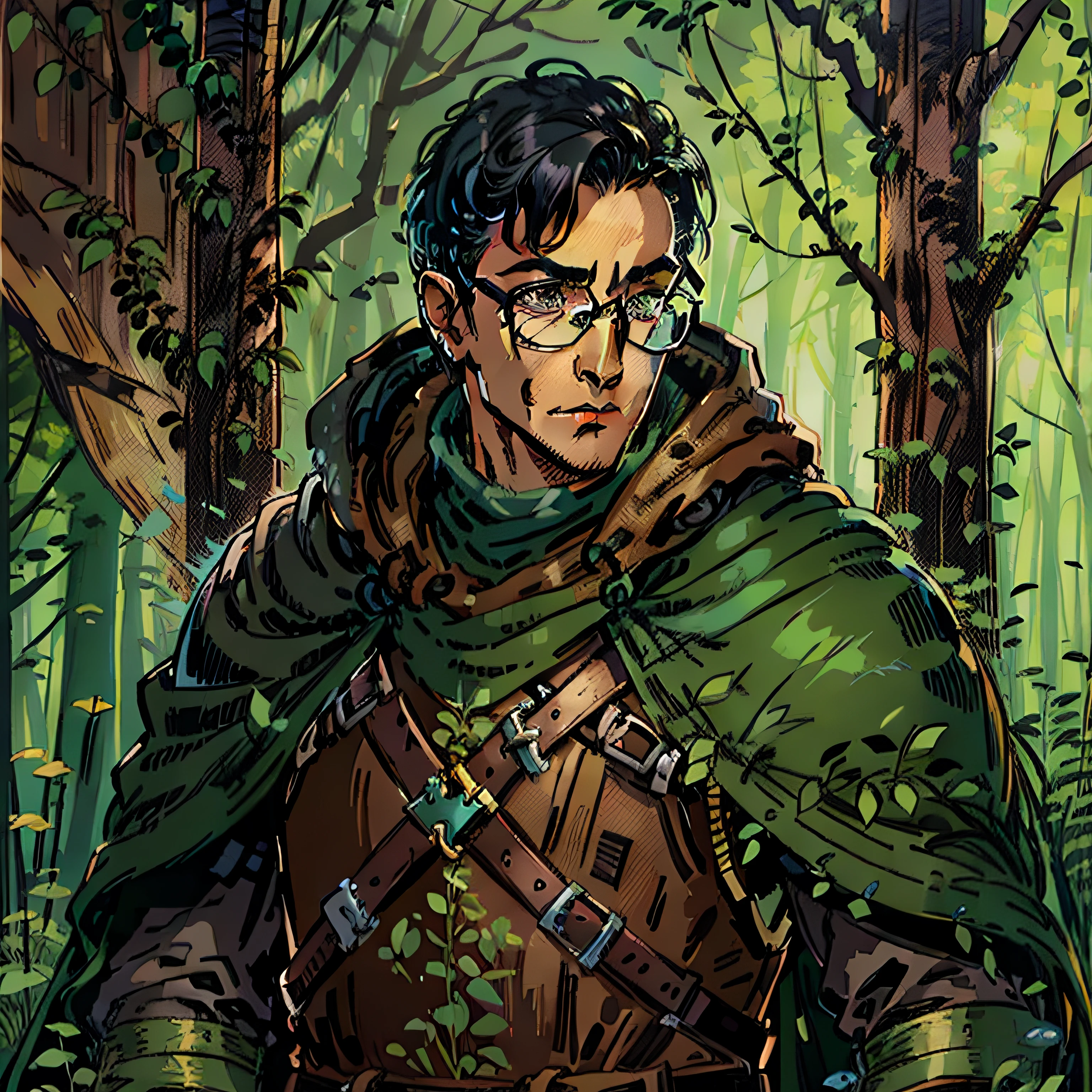 A man with round glasses, short black hair, wearing a tanned brown leather armor with a green cloak, in the background a forest, RPG character portrait, medieval fantasy, guardian.