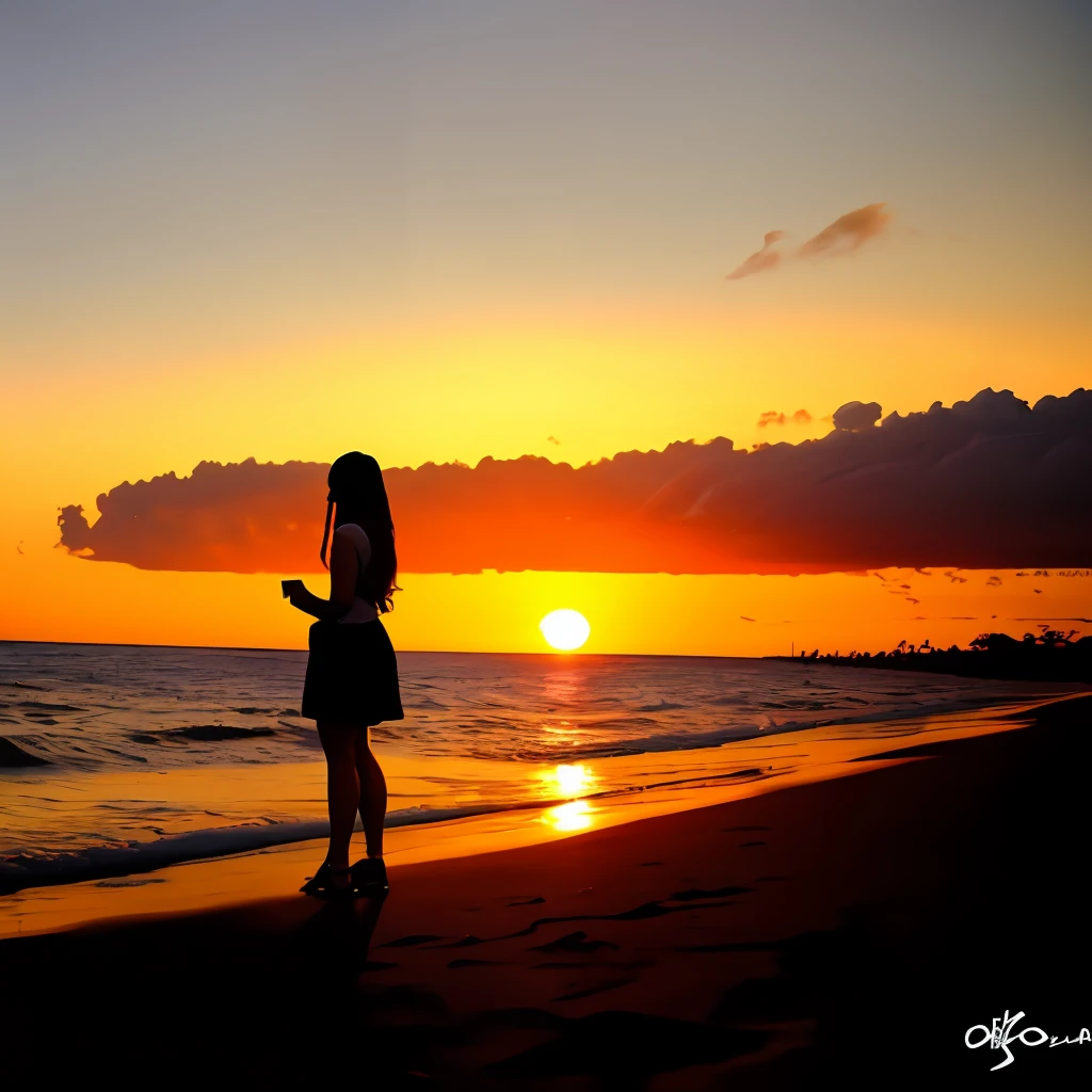 Um por do sol lindo e uma mulher de costas olhando