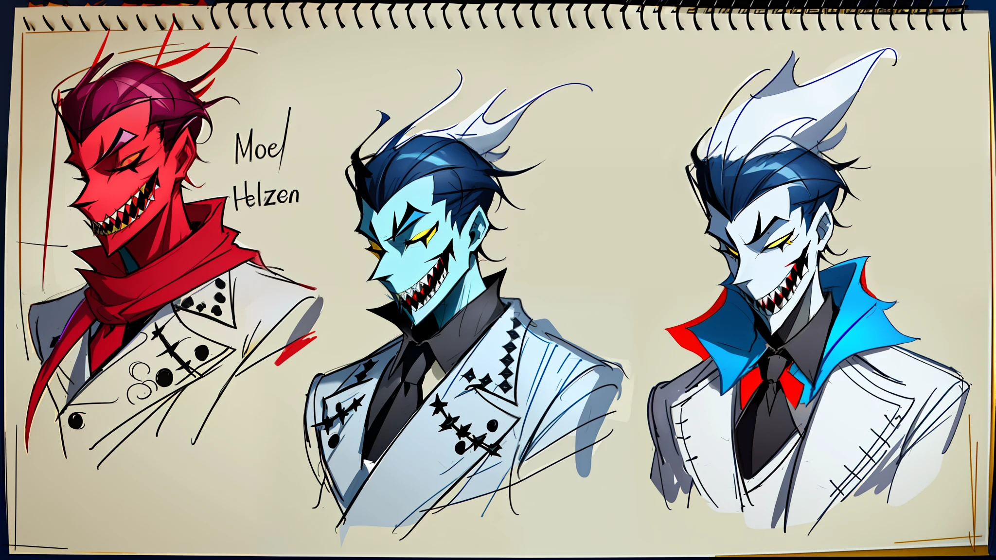 A guy who has no face, no eyes or nose, but has a mouth full of sharp teeth, he wears a blue overcoat, yellow fedora and a red scarf around his neck. Helluva boss Style, Hazbin hotel Style, his skin is flourescent blue. drawing references hazbin hotel style males hand drawing sketchs