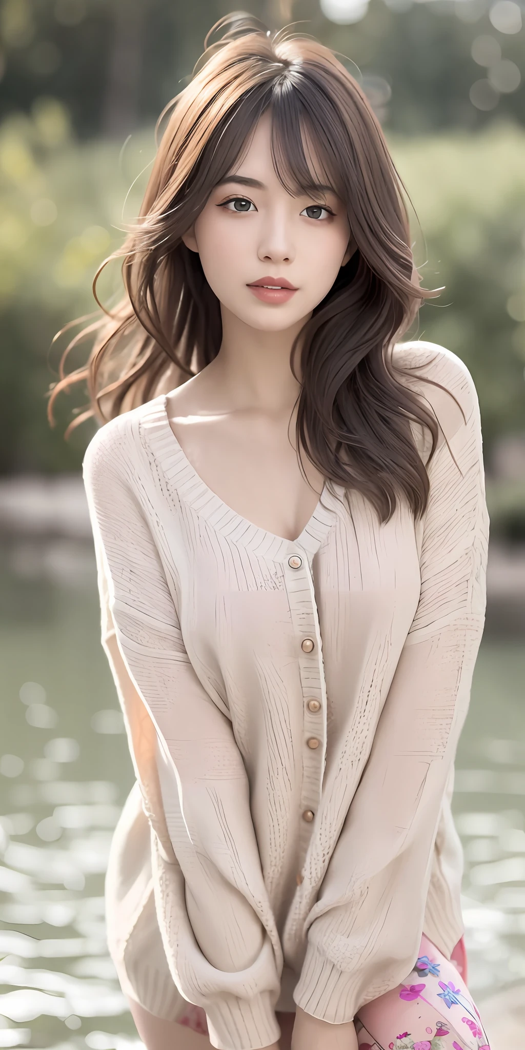 1girl walking on the river, mix4, sweater, pillow, lips, open_mouth, realistic, photo_\(medium\), solo, stuffed_animal, stuffed_toy, teddy_bear,(masterpiece),(photorealistic:1.3), ultra-detailed, (high detailed skin:1.2),(best quality:1.0), (ultra highres:1.0), (ulzzang-6500:0.3), wavy detailed hair, long hair, sunshine, (beautiful detailed makeup), (sexually aroused blushing heavy breathing:1.0), floral theme flower petals scattered, (soft glow bloom:0.5)